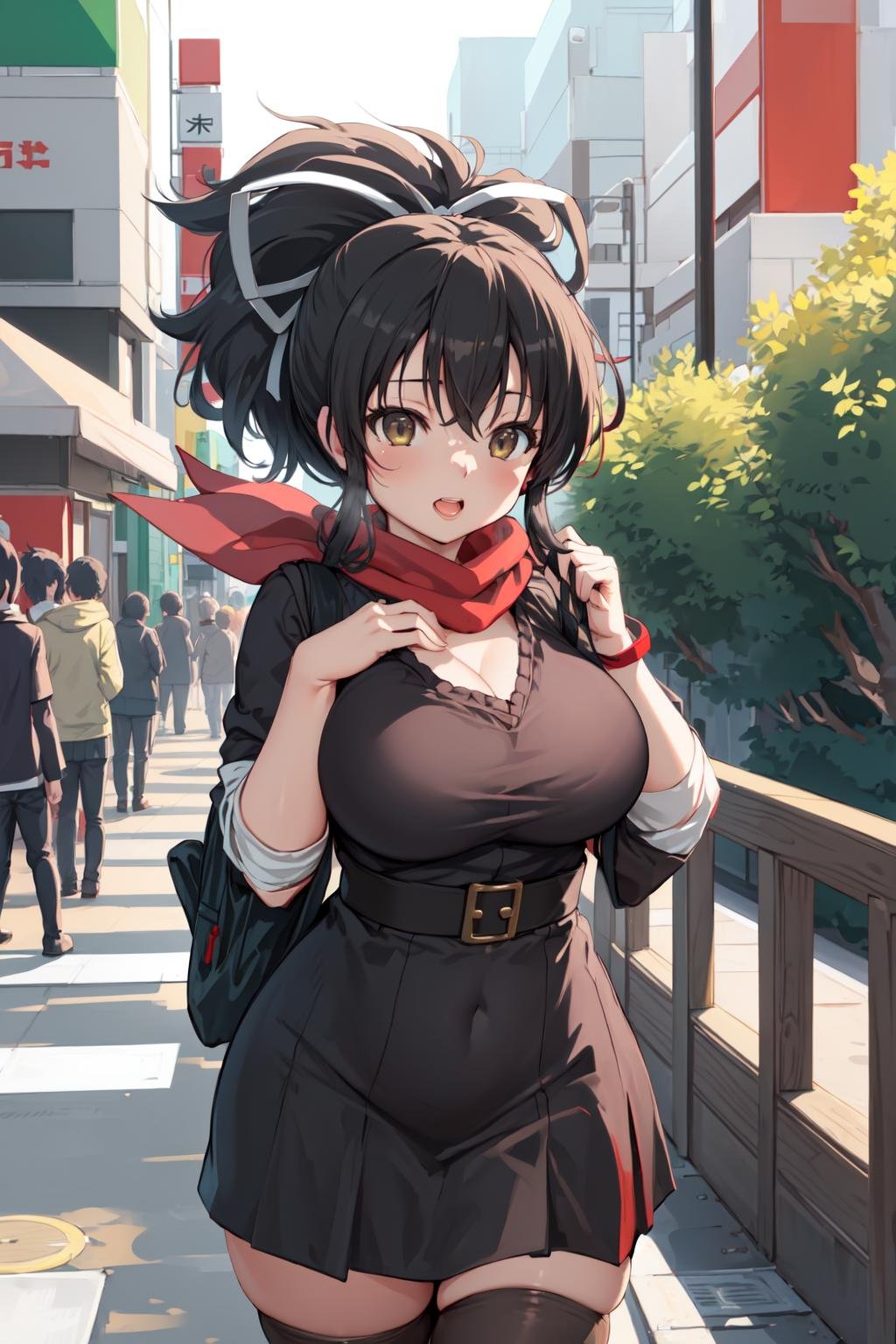 photography, on the street, tokyo, asuka \(senran kagura\), 1girl, red scarf, black dress, thighhighs, hair ribbon, <lyco:KitsuneAi-AsukaSRK-LoCon32V1-000006:1.0>,