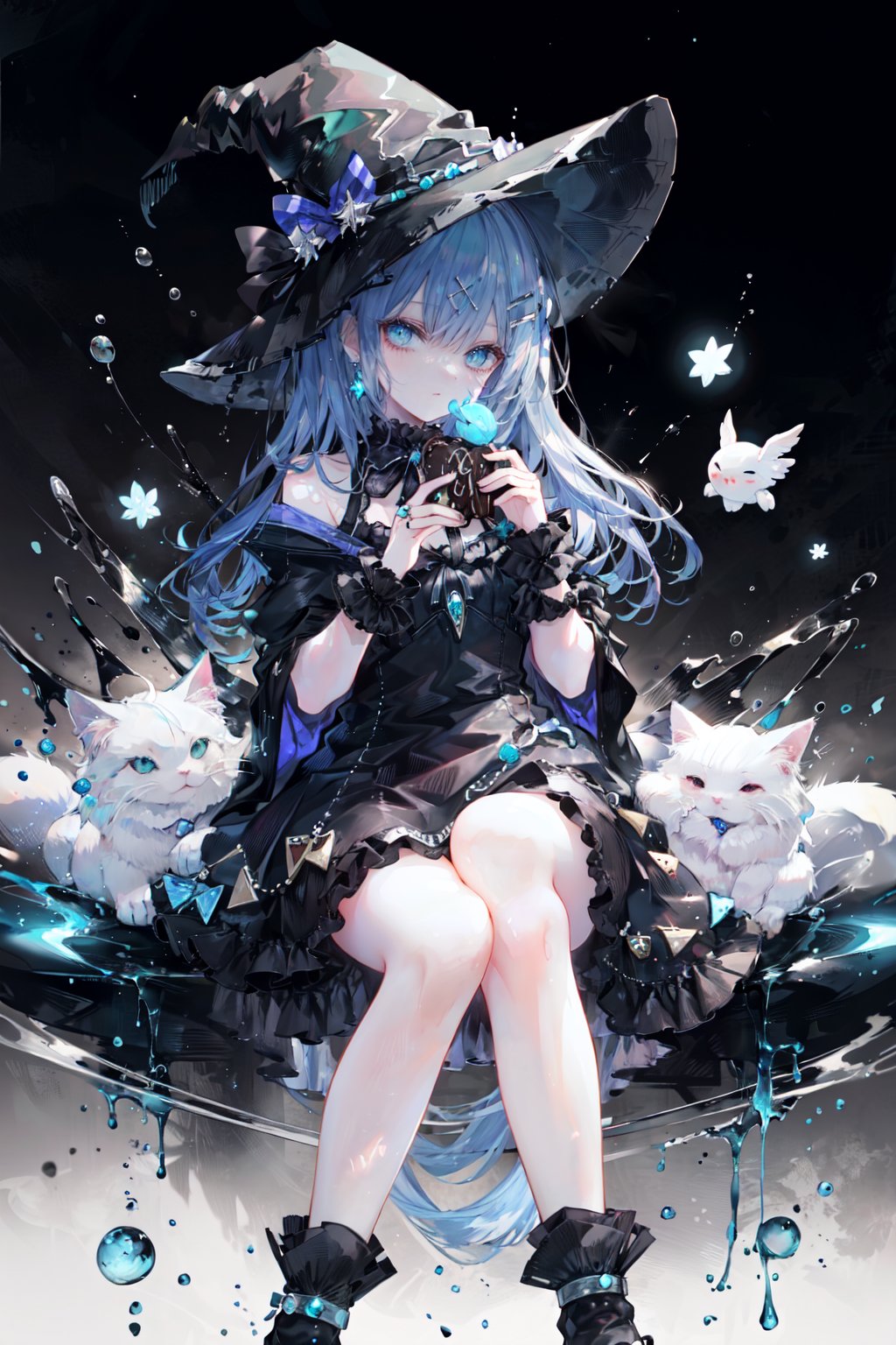 white hair, messy hair, long hair, (expressive eyes, green eyes, glowing eyes),Witch hat,(Many blue chocolates arround her:1.2),switch,
\\
masterpiece,best quality,flat color,offical art,white theme,(ultra-detailed),(illustration),ink and wash painting,blue eyes,cold face,looking_at_viewer,1 girl,solo,[(white hair:1.2):(blue hair:1.2):0.5],long hair,wavy hair,bare shoulder,((cold expression)),black lolita dress,black skirt,cute face,white socks,blue_ inner_hair,shawl,thighs,anklet,femoral ring,braid, chocolate, hairclip, closed mouth, holding food,+_+, earrings, heart hair ornament, looking at viewer, piercing, braid, smile,crossed legs