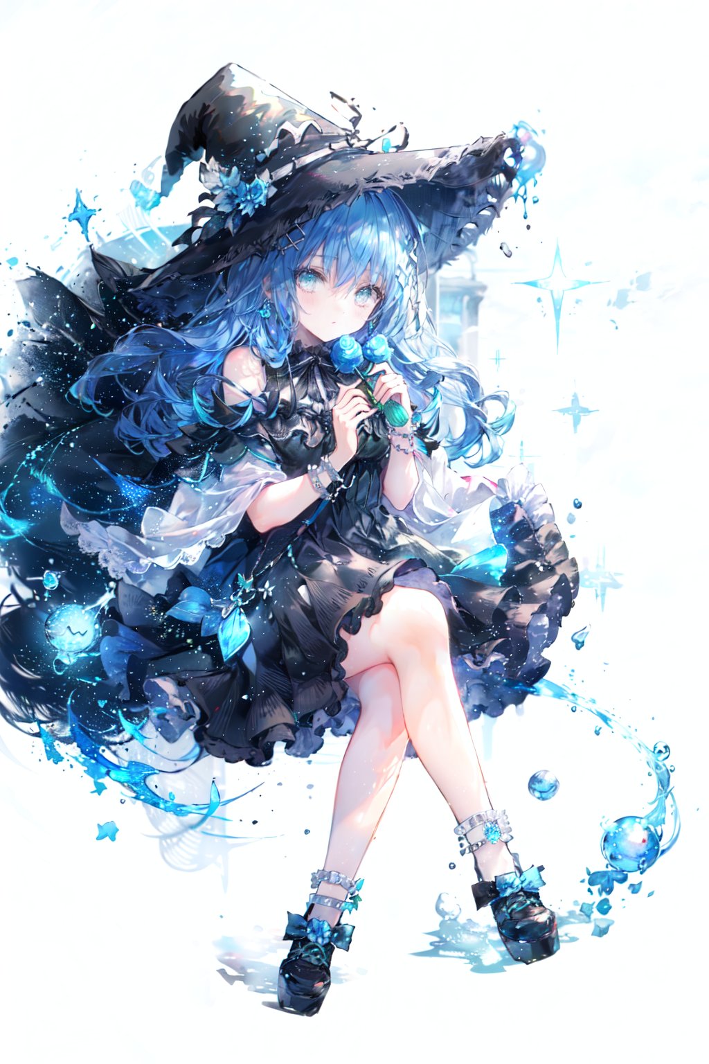 white hair, messy hair, long hair, (expressive eyes, green eyes, glowing eyes),Witch hat,(Many blue chocolates arround her:1.2),switch,
\\
masterpiece,best quality,flat color,offical art,white theme,(ultra-detailed),(illustration),ink and wash painting,blue eyes,cold face,looking_at_viewer,1 girl,solo,[(white hair:1.2):(blue hair:1.2):0.5],long hair,wavy hair,bare shoulder,((cold expression)),black lolita dress,black skirt,cute face,white socks,blue_ inner_hair,shawl,thighs,anklet,femoral ring,braid, chocolate, hairclip, closed mouth, holding food,+_+, earrings, heart hair ornament, looking at viewer, piercing, braid, smile,crossed legs