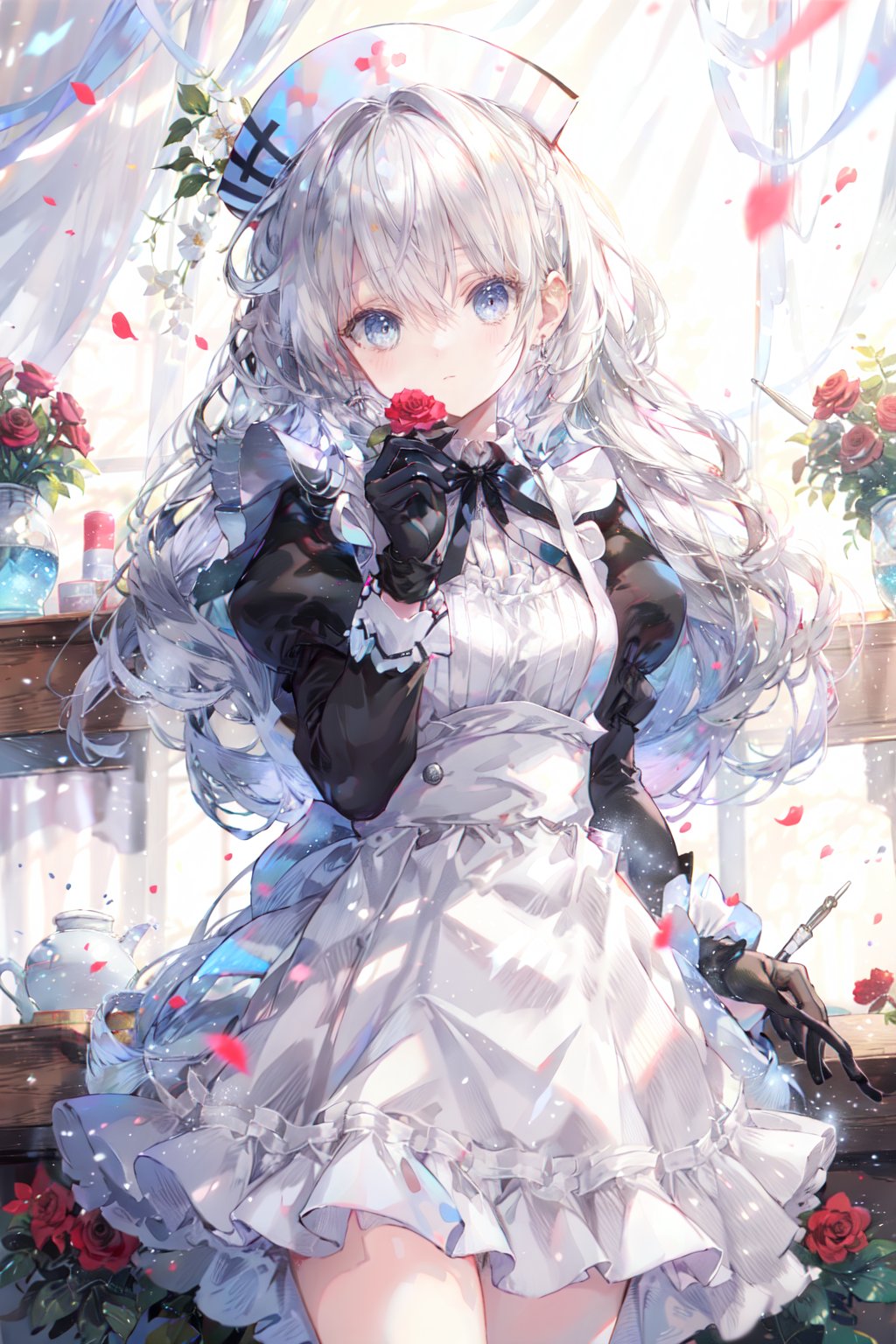 1girl, solo, heterochromia, puffy sleeves, white apron, rose, red eyes, long hair, flower, holding, black gloves, long sleeves, black flower, dress, gloves, apron, bangs, syringe, red flower, hat, black dress, hair between eyes, black rose, frills, frilled apron, very long hair, nurse cap, white headwear, looking at viewer, closed mouth, juliet sleeves, red rose, holding flower, collared dress, white hair, breasts, earrings, puffy short sleeves, nurse, frilled dress, blush, cross, jewelry, medium breasts, puffy long sleeves, short sleeves, holding syringe, indoors