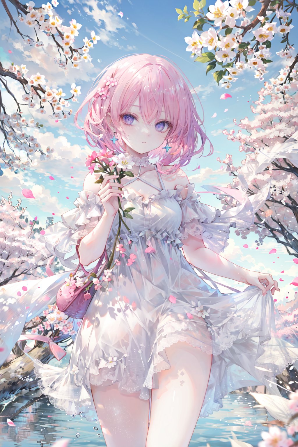 cherry_blossoms, falling_petals, petals, branch, pink_flower, 1girl, blue_sky, spring_\(season\), petals_on_liquid, flower, hanami, dress, pink_hair, solo, day, sky, short_hair, outdoors, cloud, bangs, smile, pink_eyes, white_dress, bare_shoulders, earrings, breasts, holding_flower, wind, tree, looking_at_viewer, cowboy shot