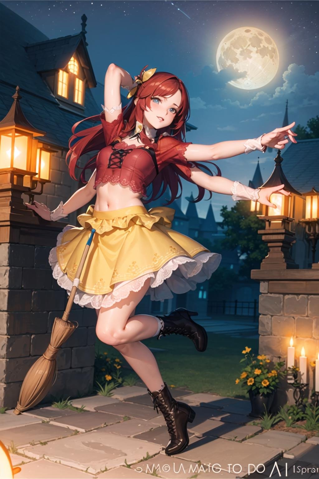 masterpiece, best quality, ultra-detailed, illustration, 1girl, solo, fantasy, flying, broom, night sky, outdoors, magic, spells, moon, starswoman, red hair, extra arms, fancy shirt, skirt, lace-up shoes, top hands out, bottom hands outreaching forward, beautiful face, anime style<lyco:multiarm-4-v2.1:0.4> ((4arm):1.2)