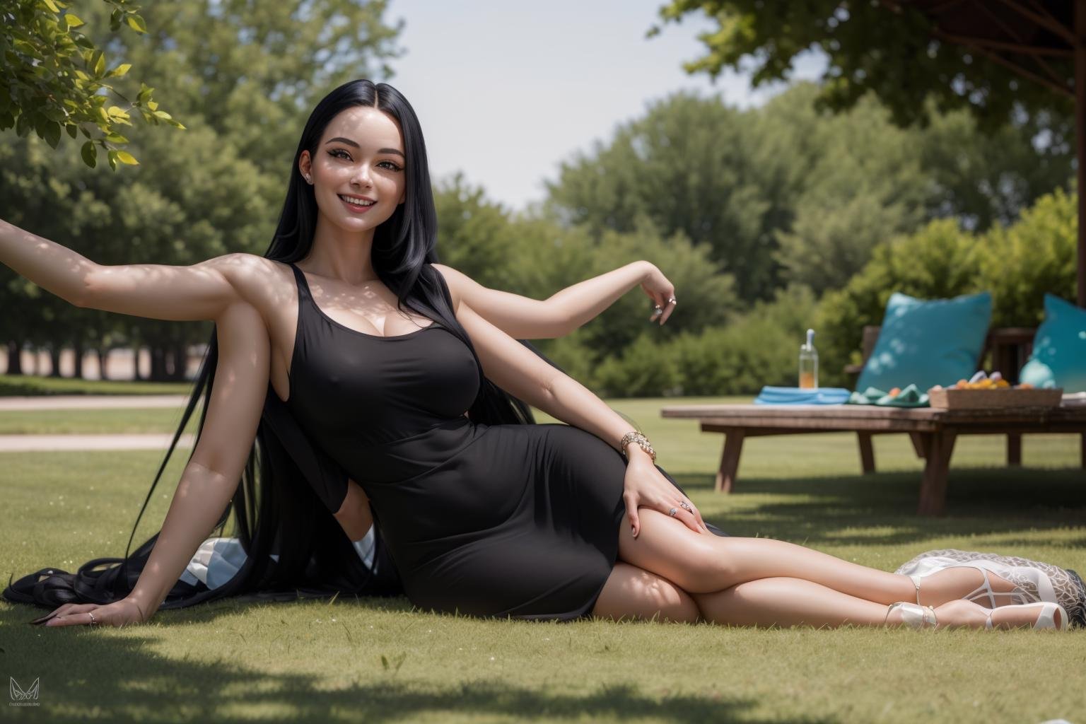 (ultra realistic, highly detailed:1.4), best quality, masterpiecewoman, long black hair, sitting, picnic at a park, grass, trees, white summer dress, smilingtop arms out<lyco:multiarm-4-v2.1:0.7> ((4arm):1)