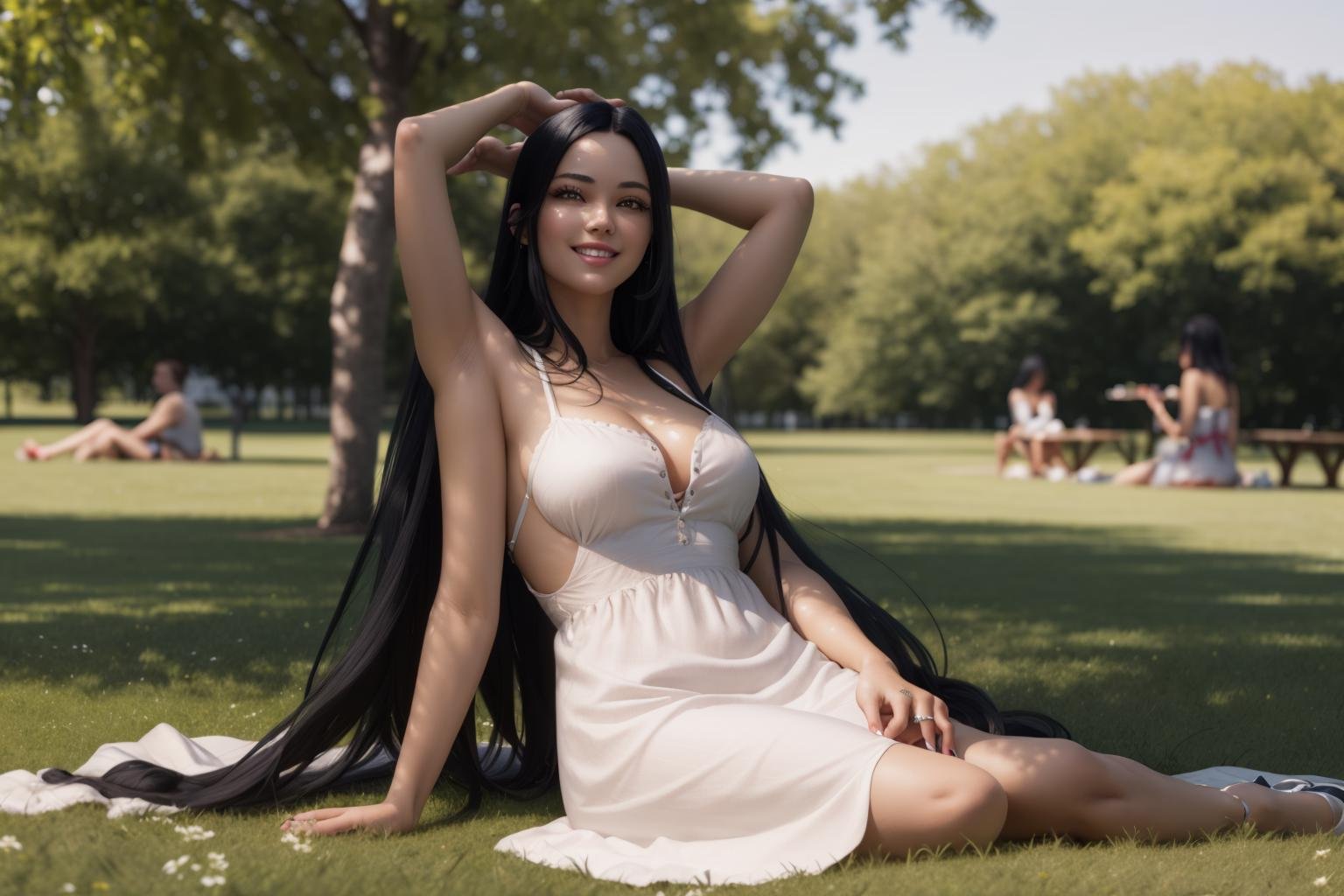 (ultra realistic, highly detailed:1.4), best quality, masterpiecewoman, long black hair, sitting, picnic at a park, grass, trees, white summer dress, smiling<lyco:multiarm-4-v2.1:0.5> ((4arm):1)