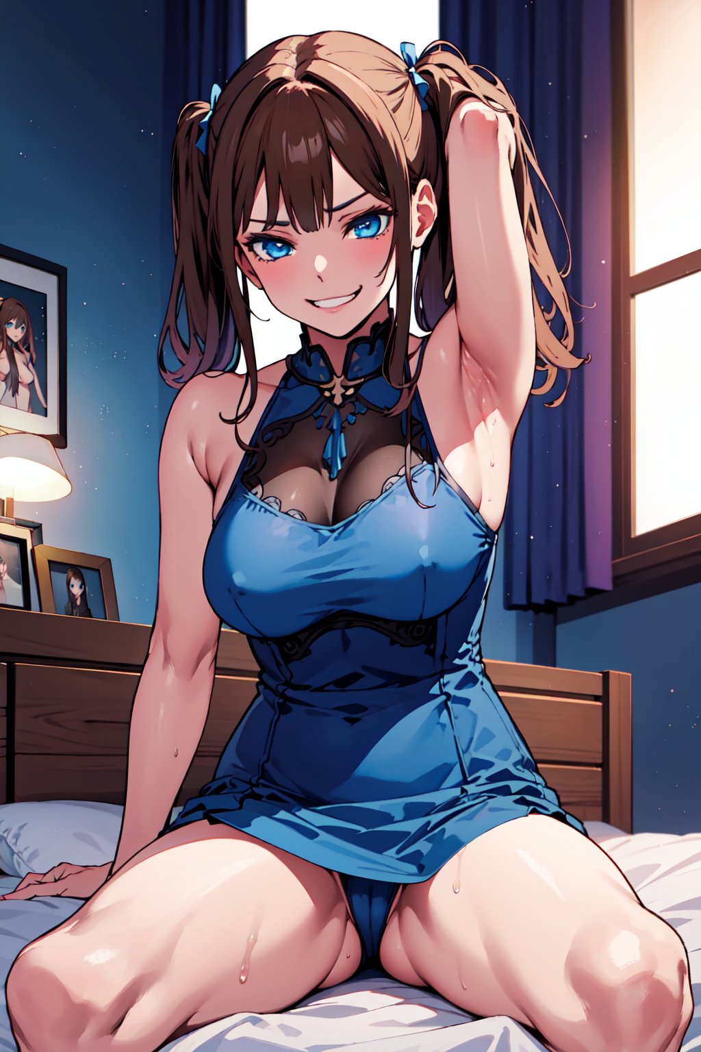 masterpiece, best quality, bed room, indoor, 1girl, michiking,brown hair, (blue eyes:1.5), twin tails, medium breasts, mature female, large breasts, big breasts, breasts, serious face, 1girl, bangs, solo, long hair, navel, evil grin, full body, sitting, spread legs,dress ,exposing armpits, showing armpits,