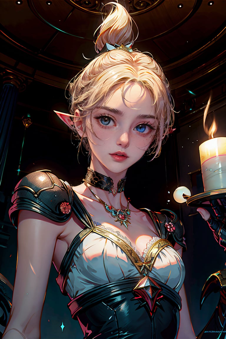 (best quality, masterpiece:1.2), anime, unreal engine, 8k, highres, accent lighting, ambient lighting, Exquisite details and textures, 1girl, mature woman, lace-trimmed dress, white, gold trim, from front, focus on face, looking at viewer, shinny skin, glowing eyes, glowing skin, detailed face, blonde hair, ponytail, blue eyes, elf ears, smokey eyes, mole under eye, slim body, small breasts, choker, light smile, royal palace, luxury, candles, glass ceiling, ,demonictech,kiriko