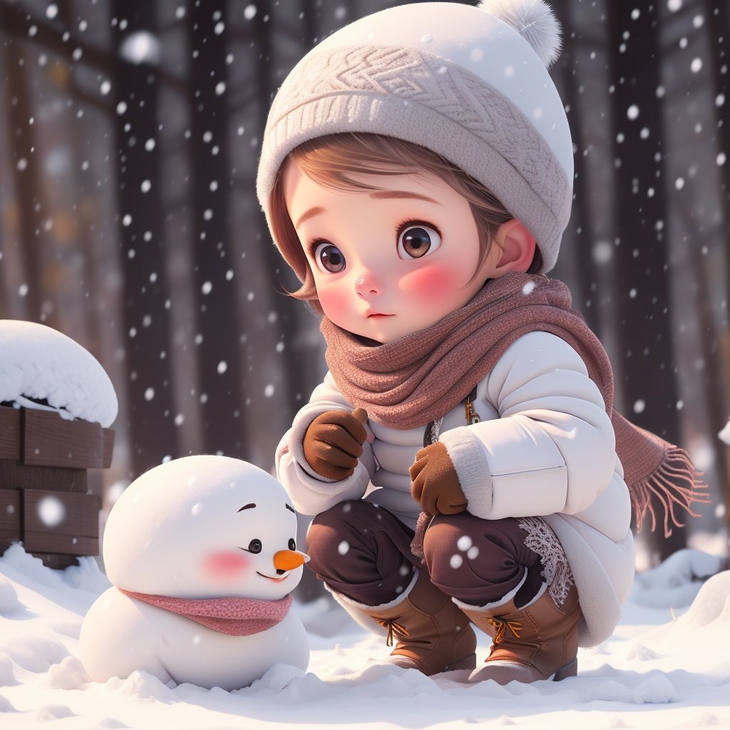 1girl,snow,solo,gloves,brown hair,winter clothes,boots,hat,snowing,coat,brown eyes,scarf,winter,fur trim,blush,<lora:snow baby_20231126165955:0.8>,