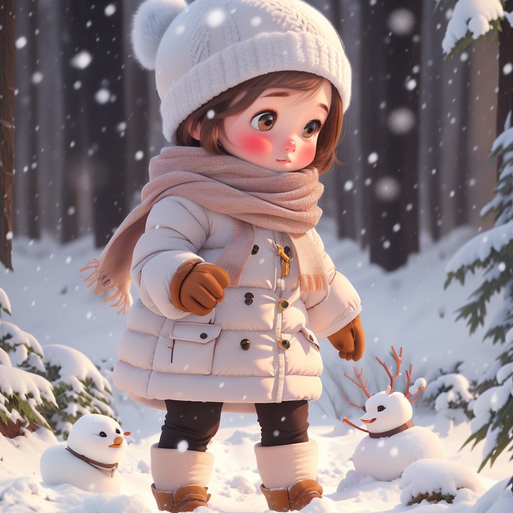 1girl, snow, solo, gloves, brown hair, winter clothes, boots, hat, snowing, coat, brown eyes, scarf, winter, fur trim, blush<lora:snow baby_20231126165955:0.8>,