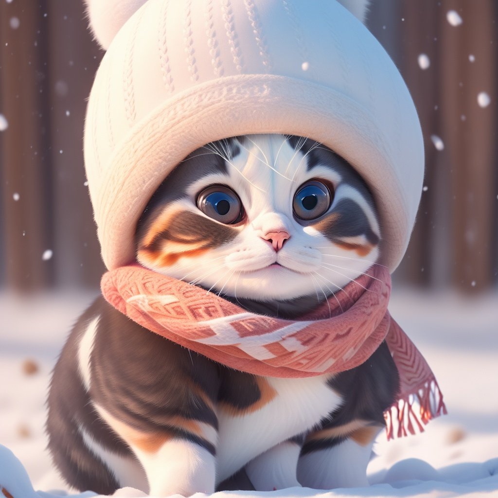 1cat,cute,scarf,cotton hat,<lora:snow baby_20231126165955:0.8>,