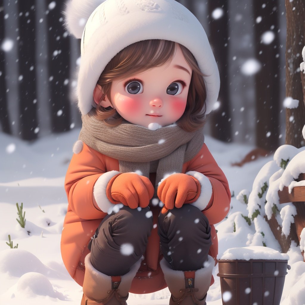 1girl, snow, solo, gloves, brown hair, winter clothes, boots, hat, snowing, coat, brown eyes, scarf, winter, fur trim, blush<lora:snow baby_20231126165955:0.8>,