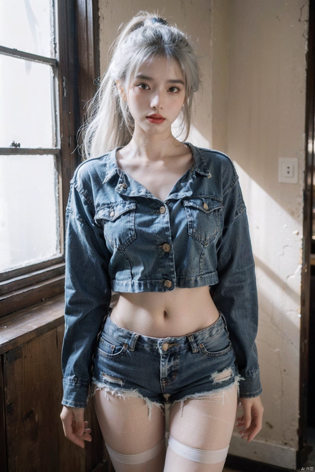  21yo girl, solo, looking at viewer, blue|white hair, high ponytail, Pantyhose, Ripped denim shorts, wide shot, HDR, Vibrant colors, surreal photography, highly detailed, masterpiece, ultra high res, high contrast, mysterious, cinematic, fantasy, bright natural light, , pantyhose, HUBG_Film_Texture