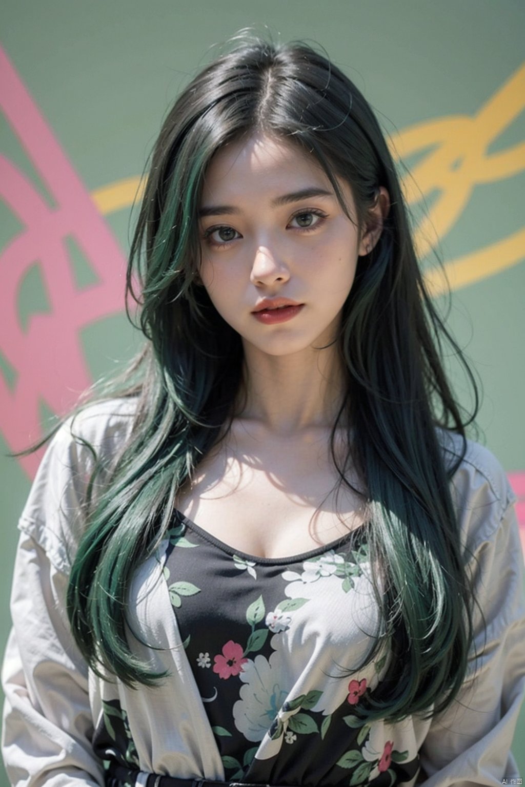  21yo girl, green hair, colorful background,