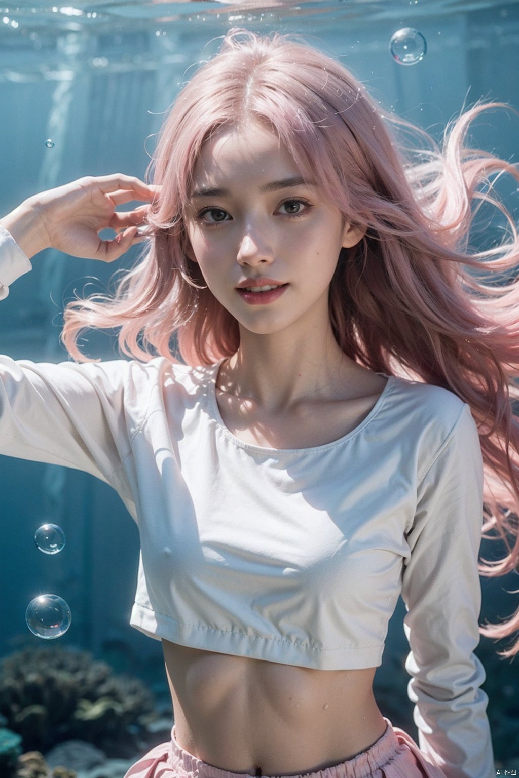  In the photo, the girl is floating underwater, smiling at the camera, grin, surrounded by foam, Body glow, Arms outstretched, (wide Angle, Low Angle, Underwater, bubble, foam, Super long pink hair floating in the water, upper body:1.5), white top, pleated skirt, Small black leather shoes and White cotton socks, lean forward, long sleeves, brown eyes, mini skirt, Water, In the pool, swimming, HDR, Vibrant colors, surreal photography, highly detailed, masterpiece, ultra high res, high contrast, mysterious, cinematic, fantasy, bright natural light,