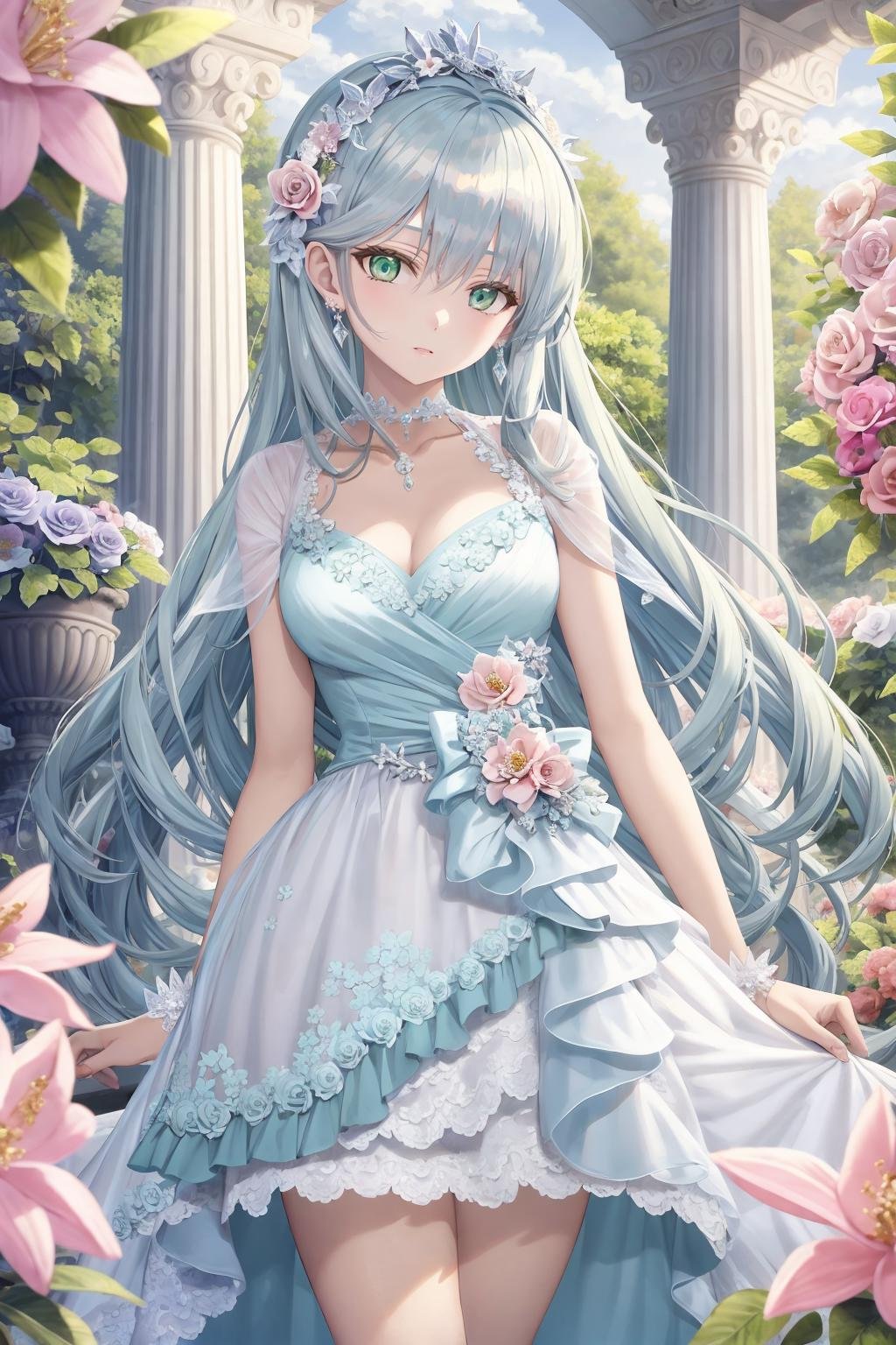 anime girl who is very beautiful, in the style of light silver and light pink, intricate, delicate flower and garden paintings,rococo style dress, 32k uhd, barbizon school, dark white and green, shiny eyes, cartoon realism<lora:Torino_V71:1>