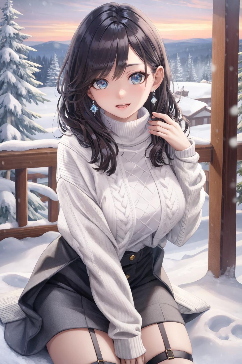 masterpiece, realistic, photo realistic, hyper realistic, best quality, ultra-detailed, super detailed skin, kawaii, cute, lovely, extremely detailed, 4K, 8K, beautiful, solo, 1girl, cute, looking at you, open mouth, evil smile, feel awkward, shy, middle breast, light bronde hair,White fuzzy knit sweaterBlack culotte skirtGarter beltLong bootspastel colorsnow, snowy, diamond dust,(beautiful eyes), (dark skin:1.1), shiny skin, 
