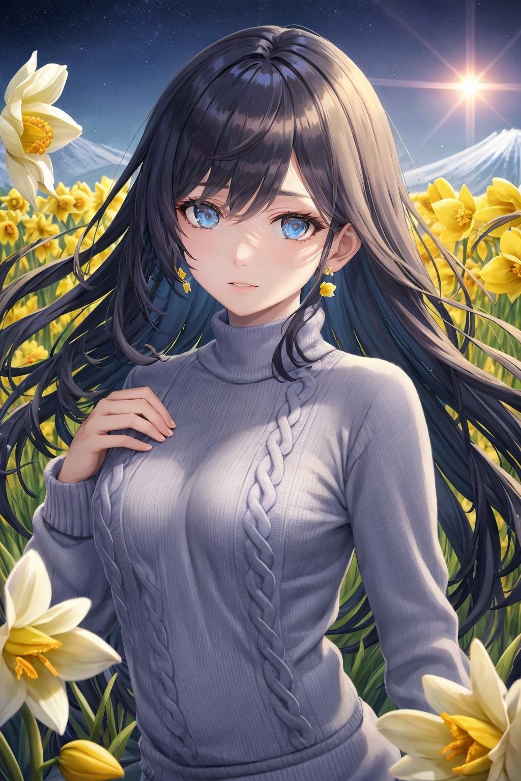 Masterpiece, Best Quality: 1.4, 8k, Raw Photo, Photorealistic: 1.2, Japanese Girl, A super beautiful girl is wearing a black knitted sweater, scanty chest, turtleneck, tightly knitted with wool, super realistic, photorealistic, integrated CG 8K wallpaper, super detailed, illustration, very delicate and beautiful }, delicate and beautiful eyes, very beautiful skin}, delicate light, beautiful delicate shadow, daffodil garden, dancing petals, masterpiece, girl, landscape, shadow , deep field, black shiny hair, flowing hair, long hair, blue eyes, wind <lora:Torino_V71:1>