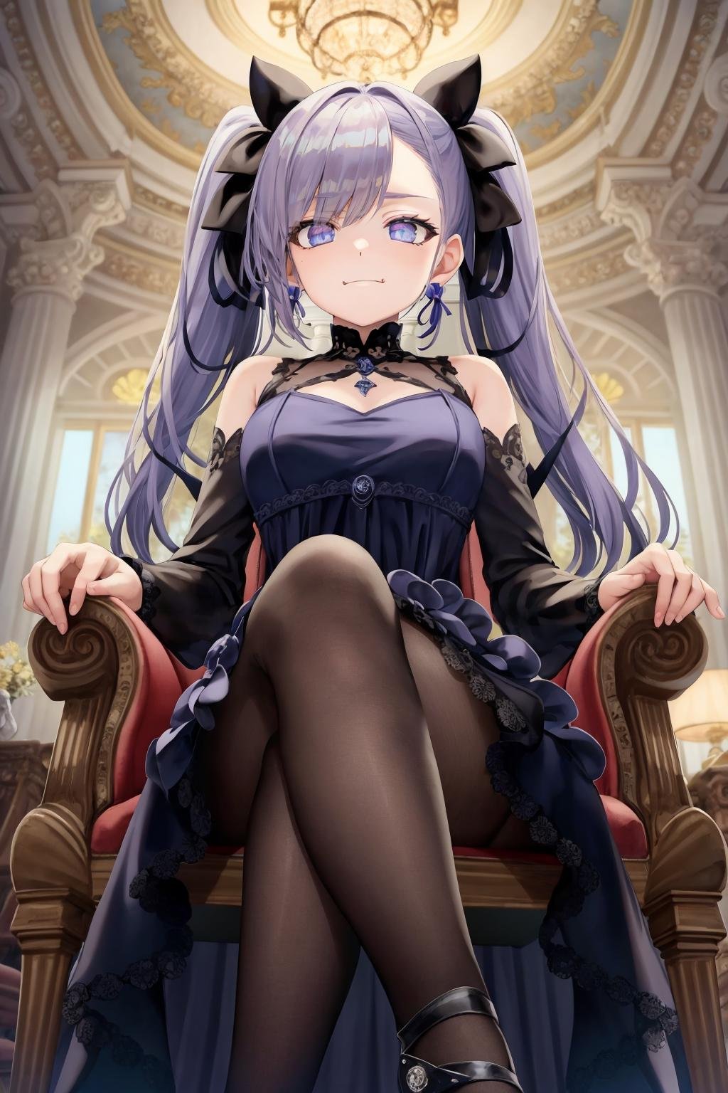 Master piece, Best quality, beautiful detailed eyes, ultra detailed, 1girl, purple hair, twintail hair, red hair ribbon, blue eyes, slanted eyes(smug face), Gothic dress, fril dress, tights, kawaii, sitting chair, king's chair, crossed legs, looking down, (from below:1.3), Gorgeous room