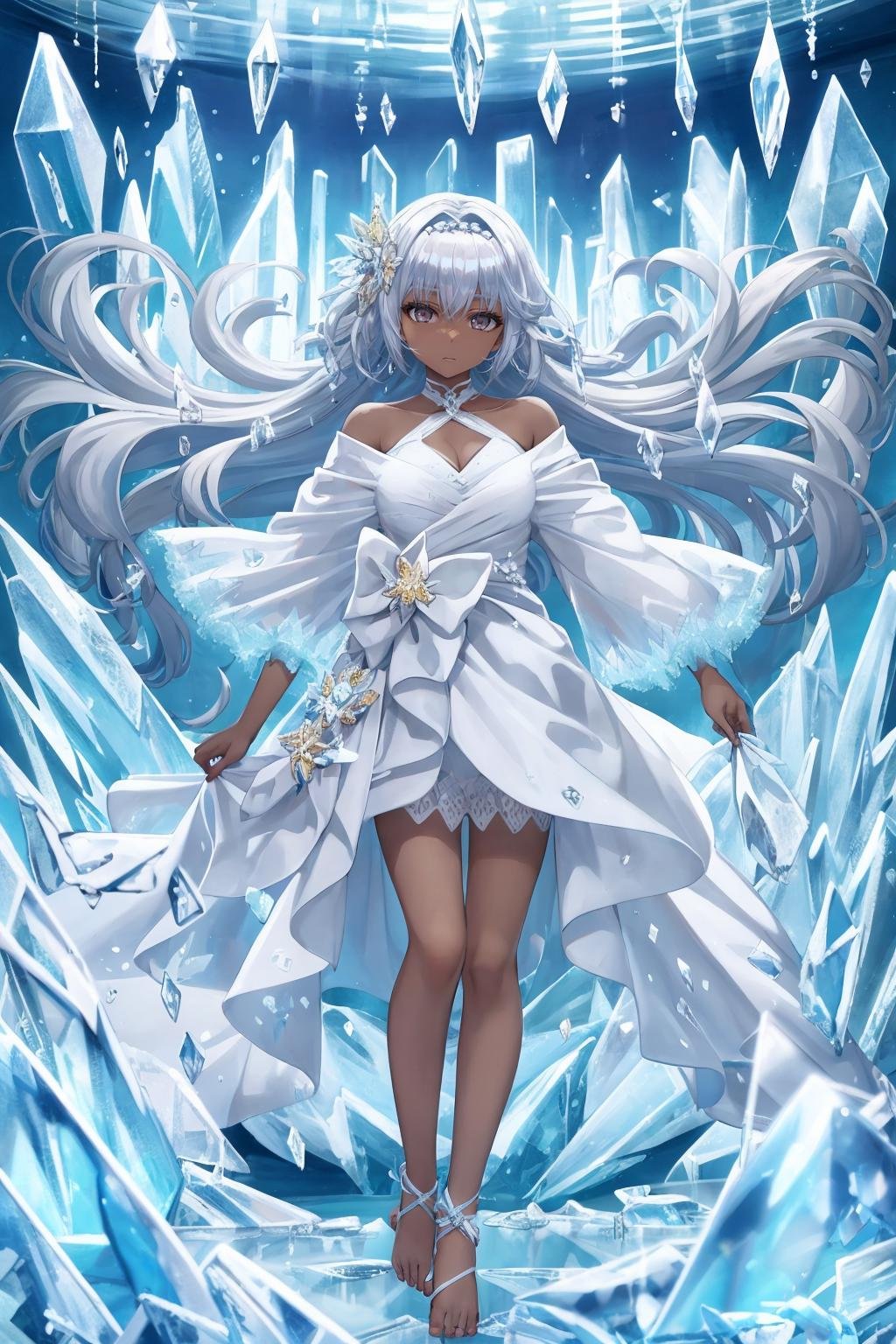 beautiful detailed glow,Floating ice crystals,((masterpiece)), (((best quality))), ((ultra-detailed)), ((illustration)),solo，girl，Dark skin，black eyes，white hair，disheveled hair，Loose hair，White glossy loose long hair，White off shoulder dress，barefoot，