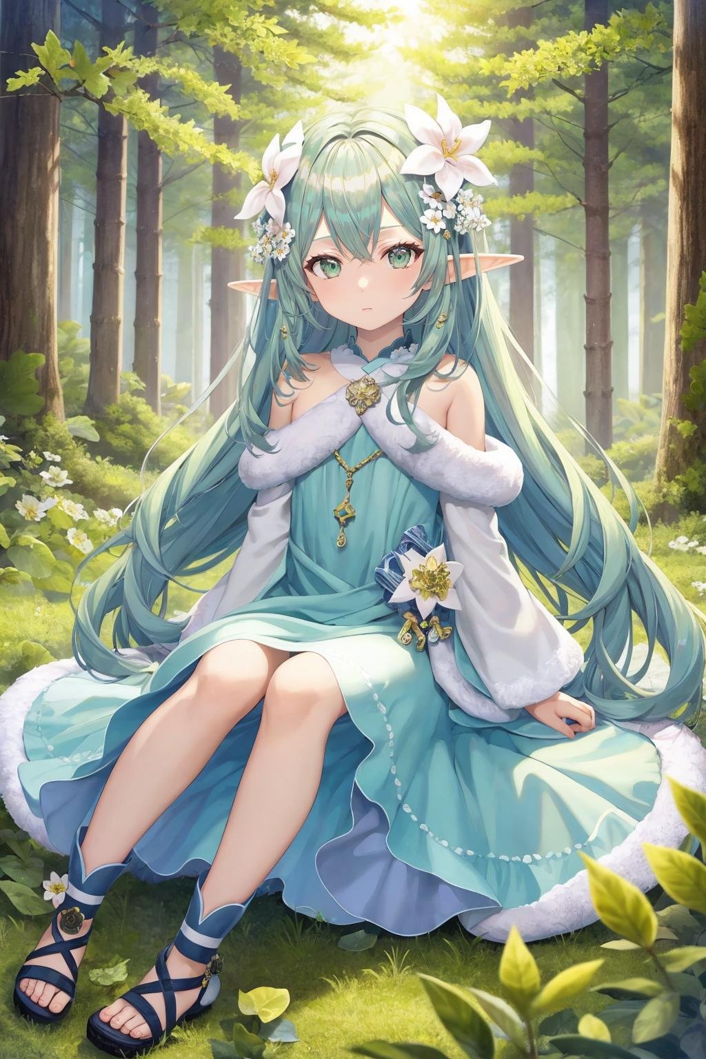 (masterpiece,best quality,illustration,official art:1.05),(tachi-e:1.12),full body,sitting,looking at viewer,solo,1girl,elf girl,long hair,green hair,[green|blue] eyes,dress,white hair flower,hair ornament,(age8),(child),wind,leaf,tree,forest, 