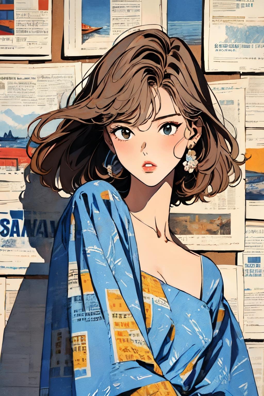 newspaper wall, 1girl,solo, upper body, parted lips,<lora:newspaper_wall:1> tailored shift dress in a geometric print with three-quarter sleeves and a boat neckline, ,ash brown hair 