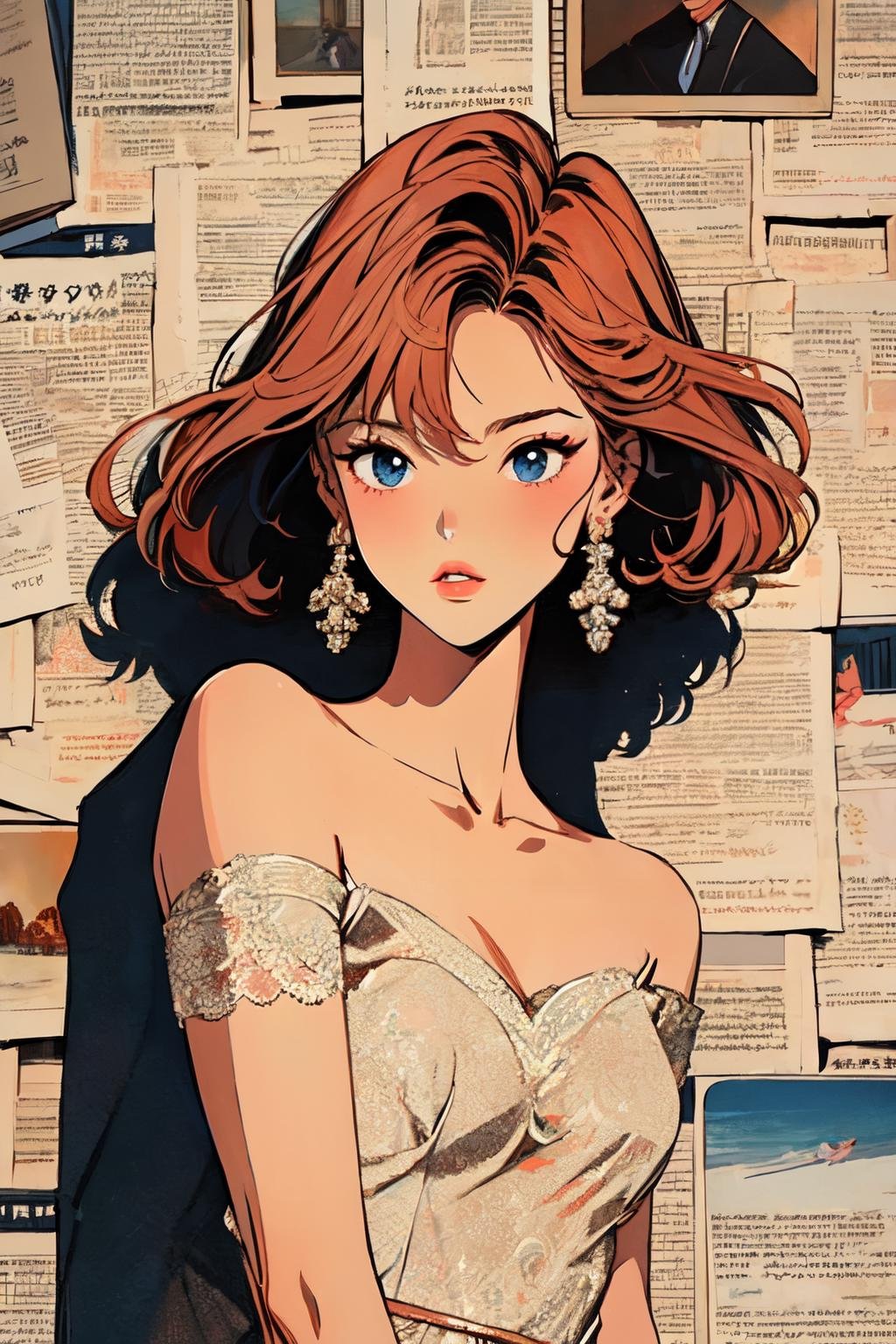 newspaper wall, 1girl,solo, upper body, parted lips,<lora:newspaper_wall:1> romantic lace dress with an off-the-shoulder silhouette and a flared skirt, ,copper hair 