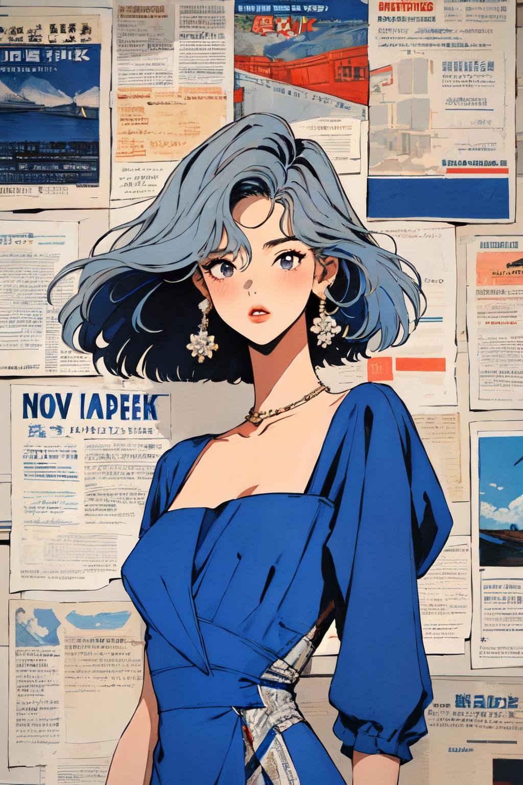 newspaper wall, 1girl,solo, upper body, parted lips,<lora:newspaper_wall:1> retro-inspired A-line dress with a boat neckline and a bold color block design, ,gray hair 