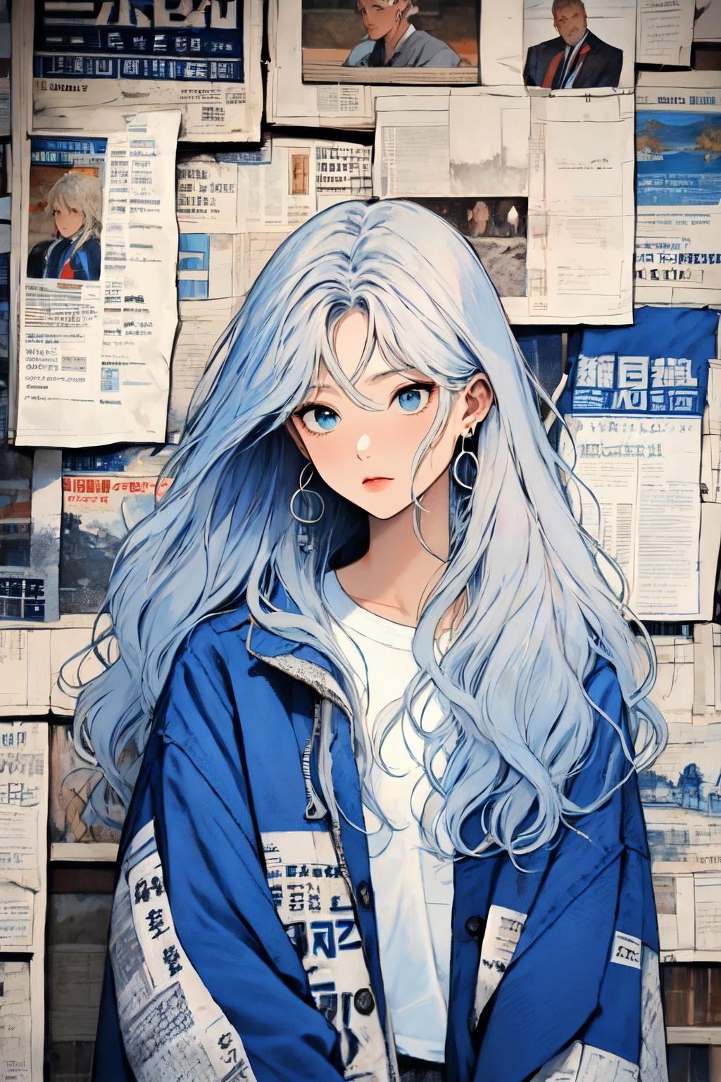 newspaper wall, looking at viewer, blue eyes, white shirt, solo, shirt, earrings, upper body, grey hair, jewelry, 1girl, print shirt, blue jacket, long hair<lora:newspaper_wall:1> 