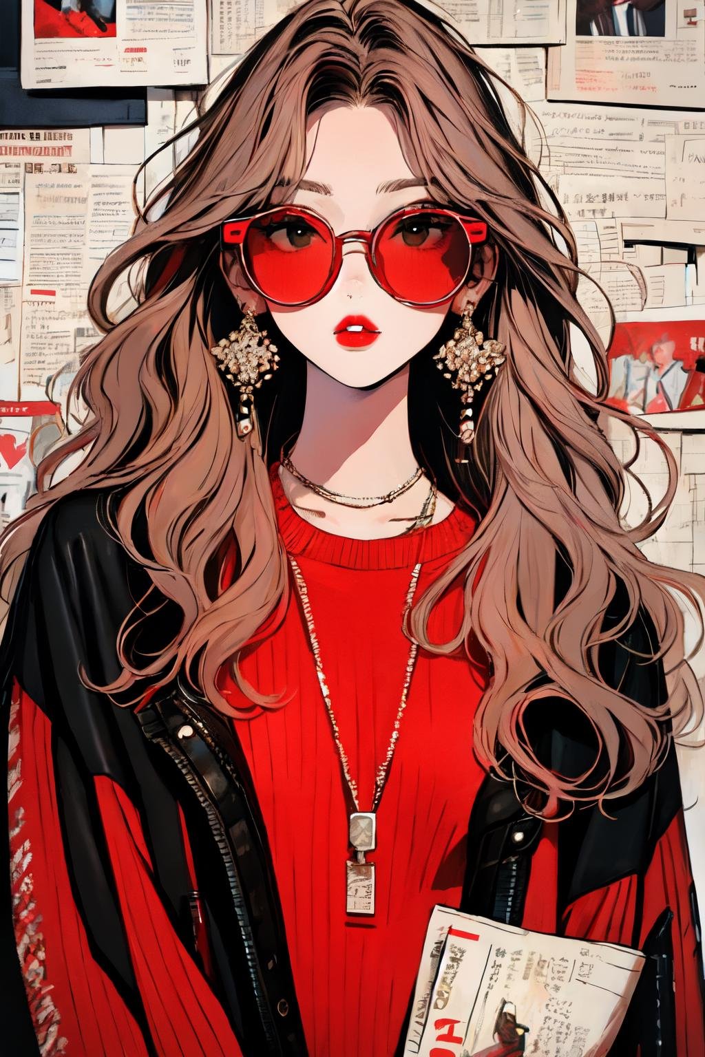 newspaper wall, glasses, parted lips, looking over eyewear,  black jacket, jewelry, long hair, jacket, red shirt, solo, upper body, brown hair, 1girl, necklace, earrings, red sweater, looking at viewer, red-tinted eyewear, sweater, red jacket, red lips<lora:newspaper_wall:1> 