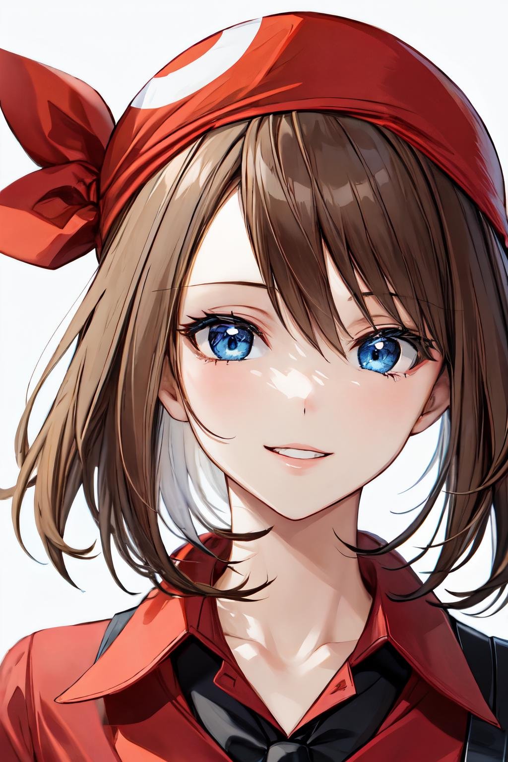 may pokemon, 1girl,solo, medium hair, brown hair, blue eyes, smile, happy , parted lips , portrait, red shirt, red bandana, collared shirt, <lora:may_pokemon-10:0.8> 