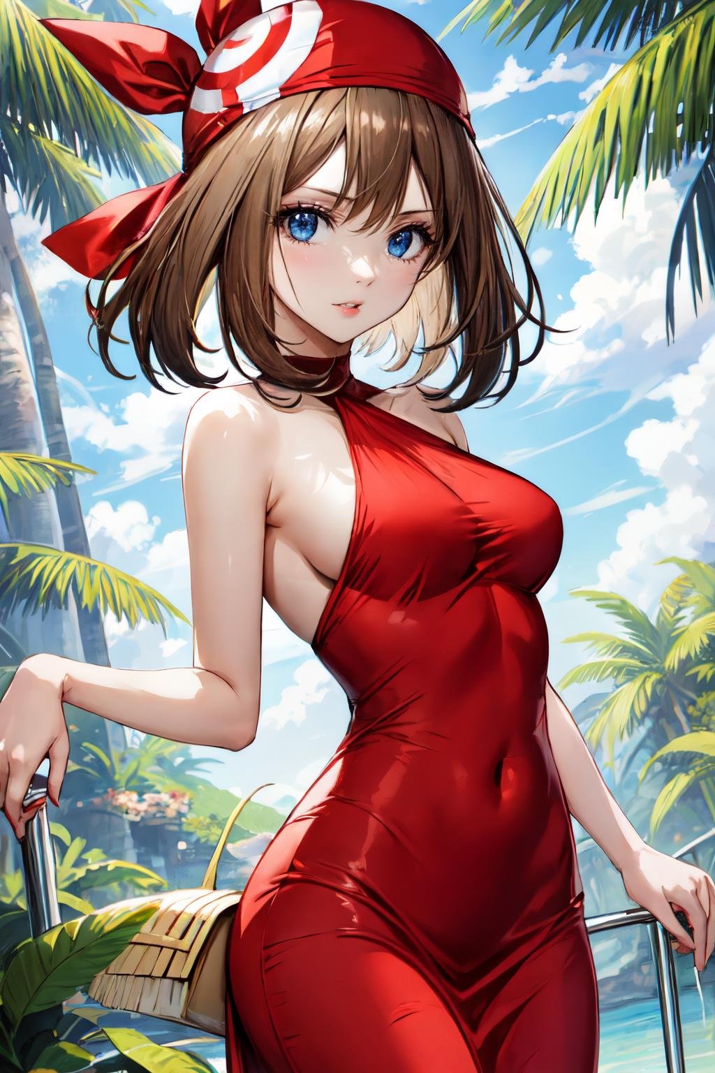 may pokemon, 1girl,solo,blue eyes, brown hair, red bandana,parted lips,looking at viewer,   medium breasts, Halter-neck maxi dress in a tropical print<lora:may_pokemon:1> 