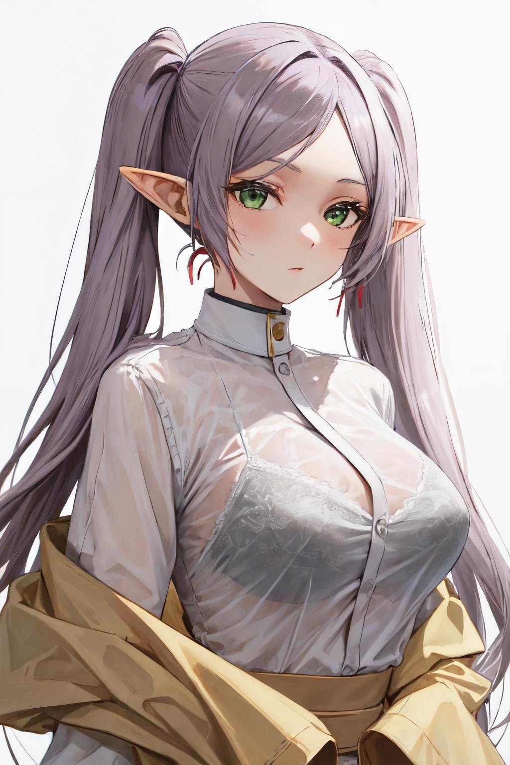 bra visible through clothes, 1girl,solo, upper body,  white shirt,  <lora:bra_visible_through_clothes:0.8> <lora:frieren by Goofy Ai:1> frieren, elf ,long hair, twintails, green eyes, 