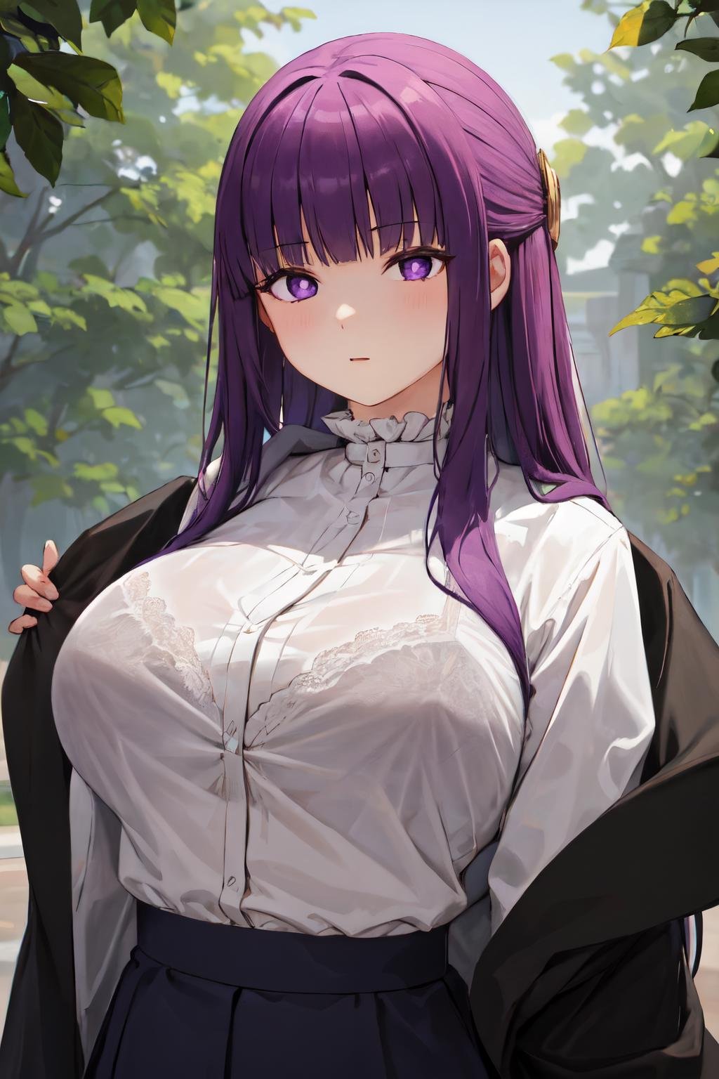 bra visible through clothes, 1girl,solo, upper body, black bra, fern, white shirt, large breasts,purple eyes, purple hair <lora:bra_visible_through_clothes:0.8>  <lora:fern by Goofy Ai:1>