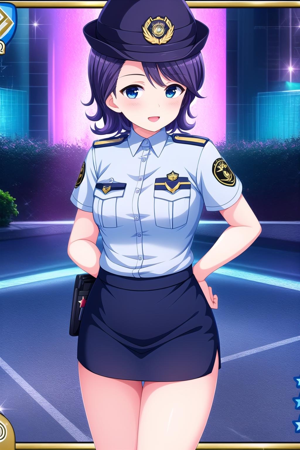 (masterpiece, best quality), highly detailed background, perfect lightingbest quality, iseyarito, solo, outdoors, policewoman, police hat, purple hair, short hair, blue eyes, blue dress, <lora:GoodHands-vanilla:1>, blue skirt, police uniform, smile, open mouth, pink lips, <lora:Iseya-Rito:0.7>