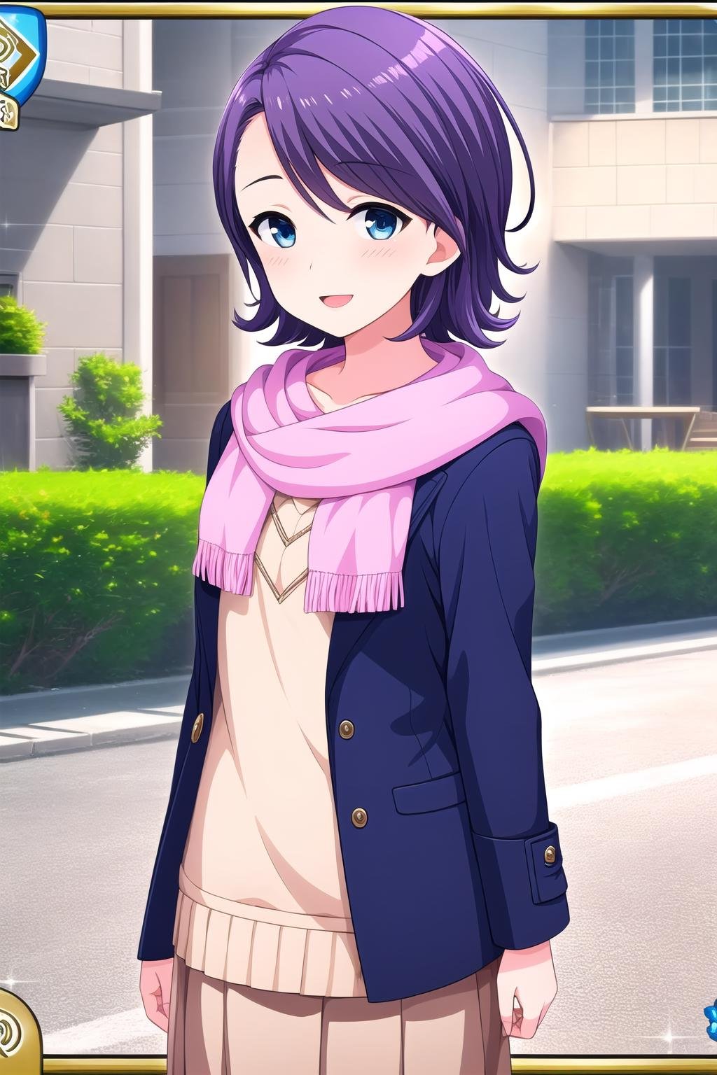 (masterpiece, best quality), highly detailed background, perfect lightingbest quality, iseyarito, solo, outdoors, purple hair, short hair, blue eyes, blue coat, <lora:GoodHands-vanilla:1>, brown skirt, pleated skirt, smile, open mouth, pink lips, <lora:Iseya-Rito:0.7>