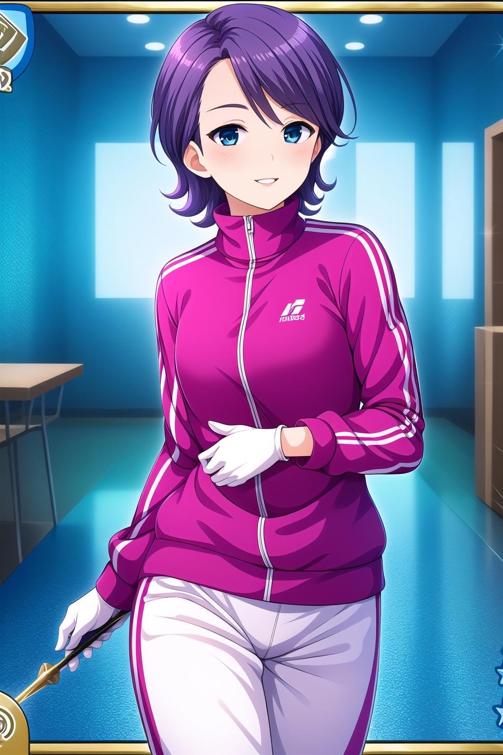 (masterpiece, best quality), highly detailed background, perfect lightingbest quality, iseyarito, solo, indoors, purple hair, short hair, blue eyes, white dress, <lora:GoodHands-vanilla:1>, white gloves, holding weapon, rapier, white pants, track suit, smile, parted lips, pink lips, <lora:Iseya-Rito:0.7>