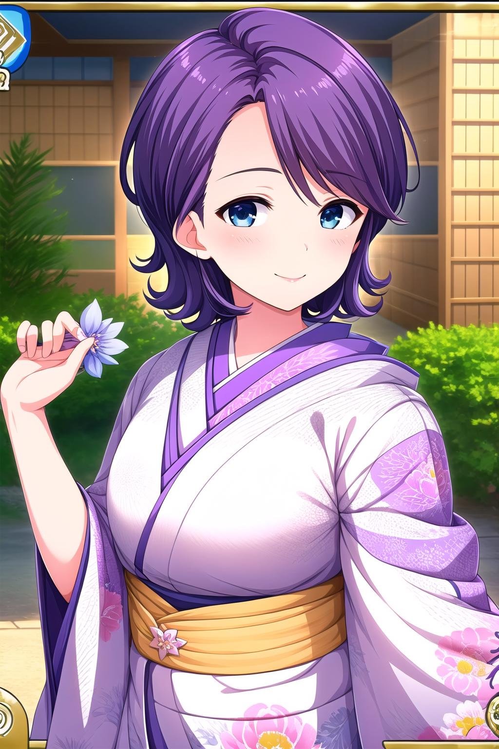 (masterpiece, best quality), highly detailed background, perfect lightingbest quality, iseyarito, solo, outdoors, purple hair, hair flower, short hair, blue eyes, white kimono, <lora:GoodHands-vanilla:1>, japanese clothes, smile, closed mouth, pink lips, <lora:Iseya-Rito:0.7>