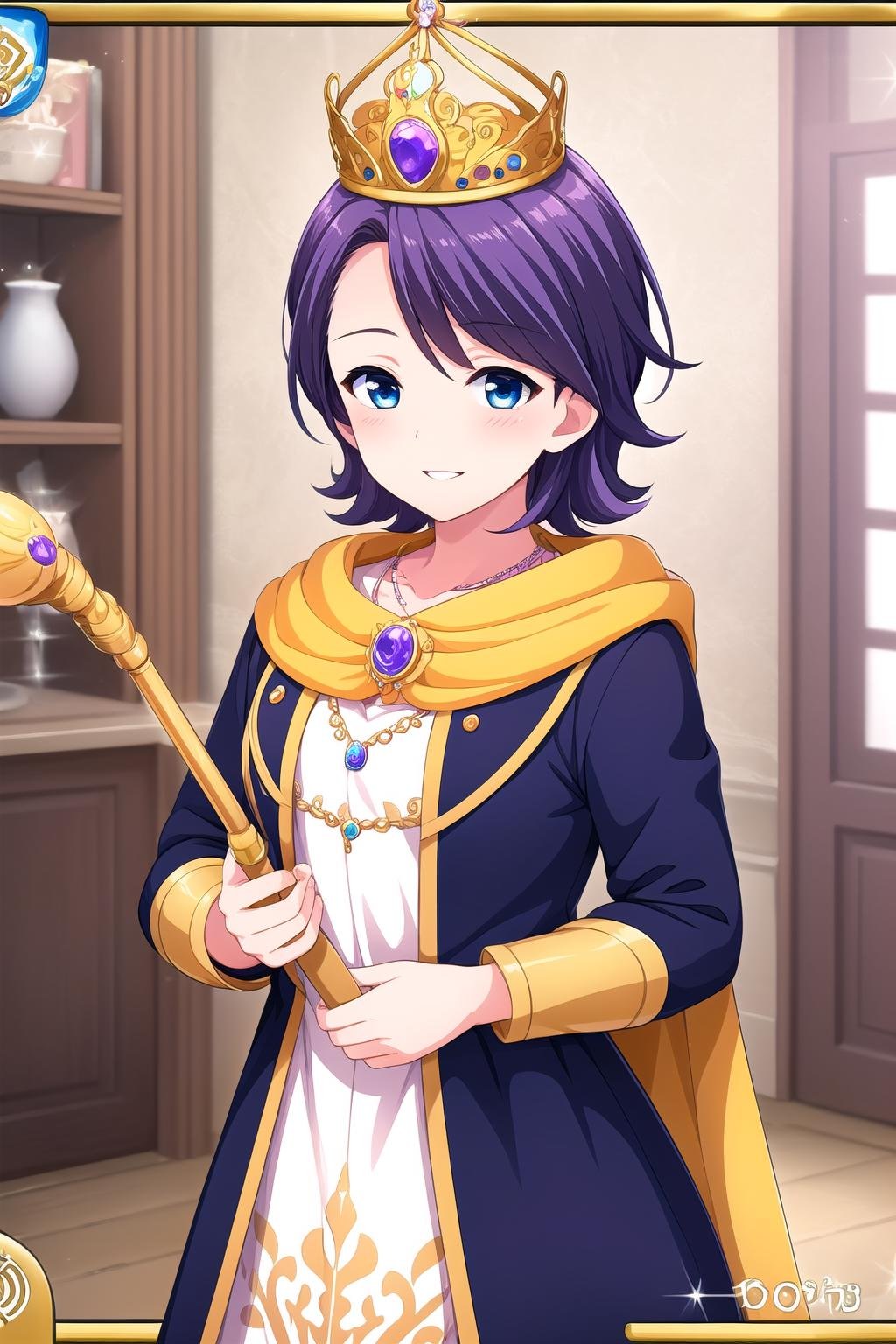 (masterpiece, best quality), highly detailed background, perfect lightingbest quality, iseyarito, solo, indoors, purple hair, crown, short hair, blue eyes, necklace, jewelry, yellow cape, red dress, <lora:GoodHands-vanilla:1>, holding rapier, smile, closed mouth, parted lips, pink lips, <lora:Iseya-Rito:0.7>