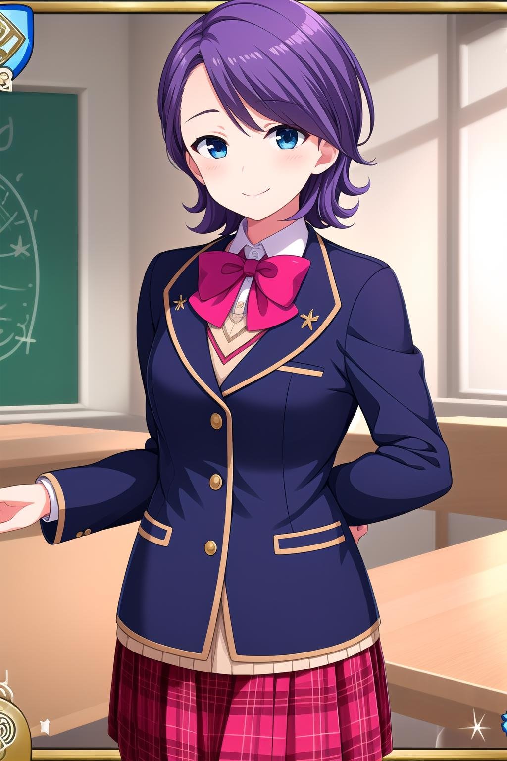 (masterpiece, best quality), highly detailed background, perfect lightingbest quality, iseyarito, solo, indoors, purple hair, short hair, blue eyes, blue jacket, blazer, white shirt, red bowtie, <lora:GoodHands-vanilla:1>, plaid skirt, school uniform, smile, closed mouth, pink lips, <lora:Iseya-Rito:0.7>