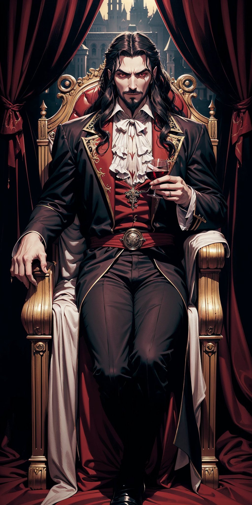 masterpiece,best quality,ultra-detailed,High detailed,picture-perfect face,man,manly,black hair,short beard,confident,arrogant,long hair,curly hair,red glowing eyes,fangs,dracula,castlevania,konami,infront of gothic castle,red and black vamiper attire,ornate and intricate,gold trim,belt,epic pose,fantasy,town,draculacastlevania
on his gothic throne,glass of red wine,
