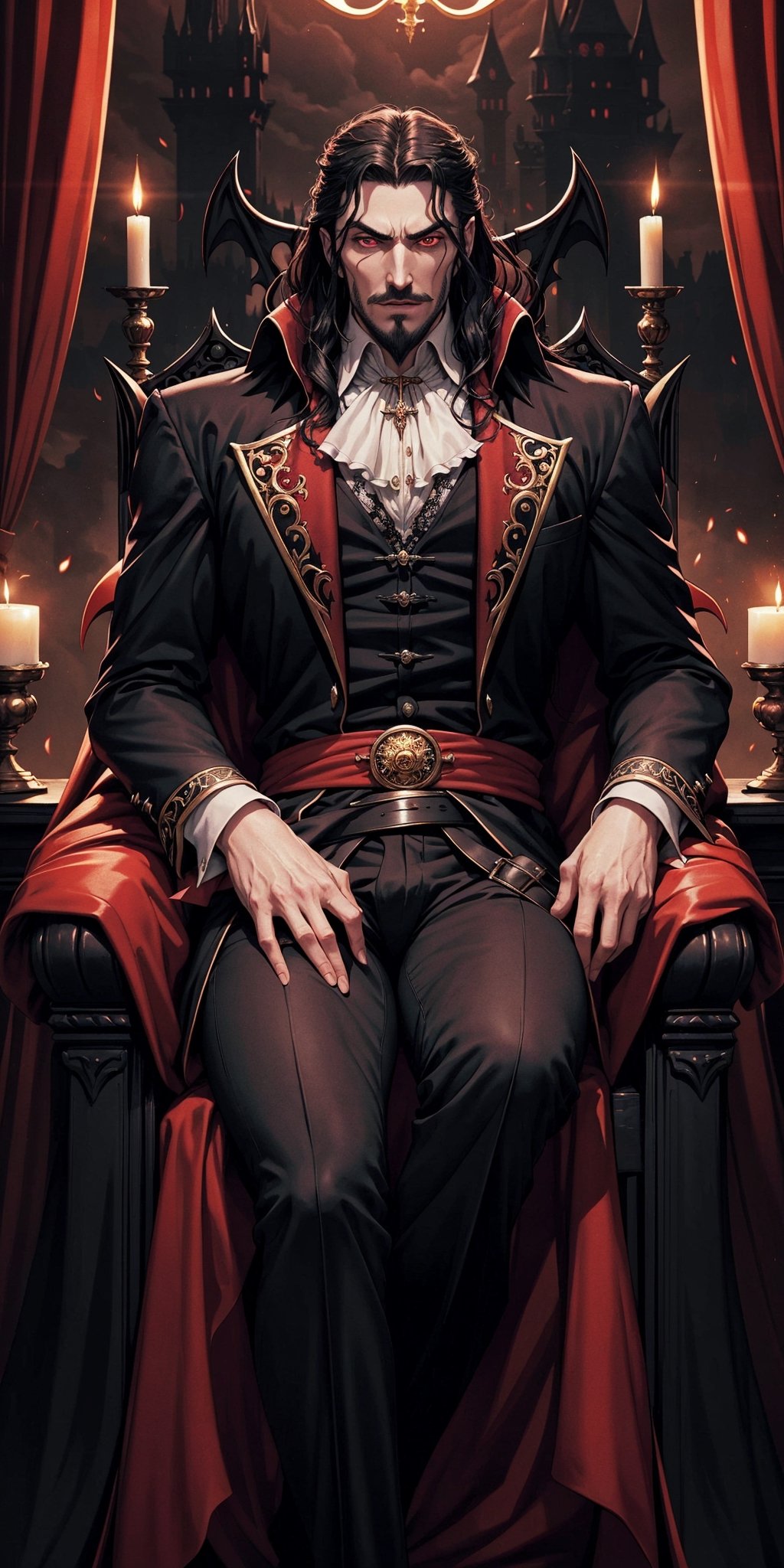 masterpiece,best quality,ultra-detailed,High detailed,picture-perfect face,man,manly,black hair,short beard,confident,arrogant,long hair,curly hair,red glowing eyes,fangs,dracula,castlevania,konami,infront of gothic castle,red and black vamiper attire,ornate and intricate,gold trim,belt,epic pose,fantasy,town,draculacastlevania
on his gothic throne,