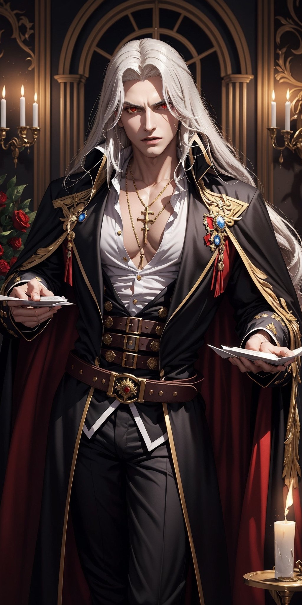 masterpiece,best quality,ultra-detailed,High detailed,picture-perfect face,man,no beard,white hair,confident,long hair,curly hair,red glowing eyes,fangs,alucardcastlevania,castlevania,konami,infront of gothic castle,red and black vamipere attire,cape,ornate and intricate,gold trim,belt,epic pose,fantasy,town,