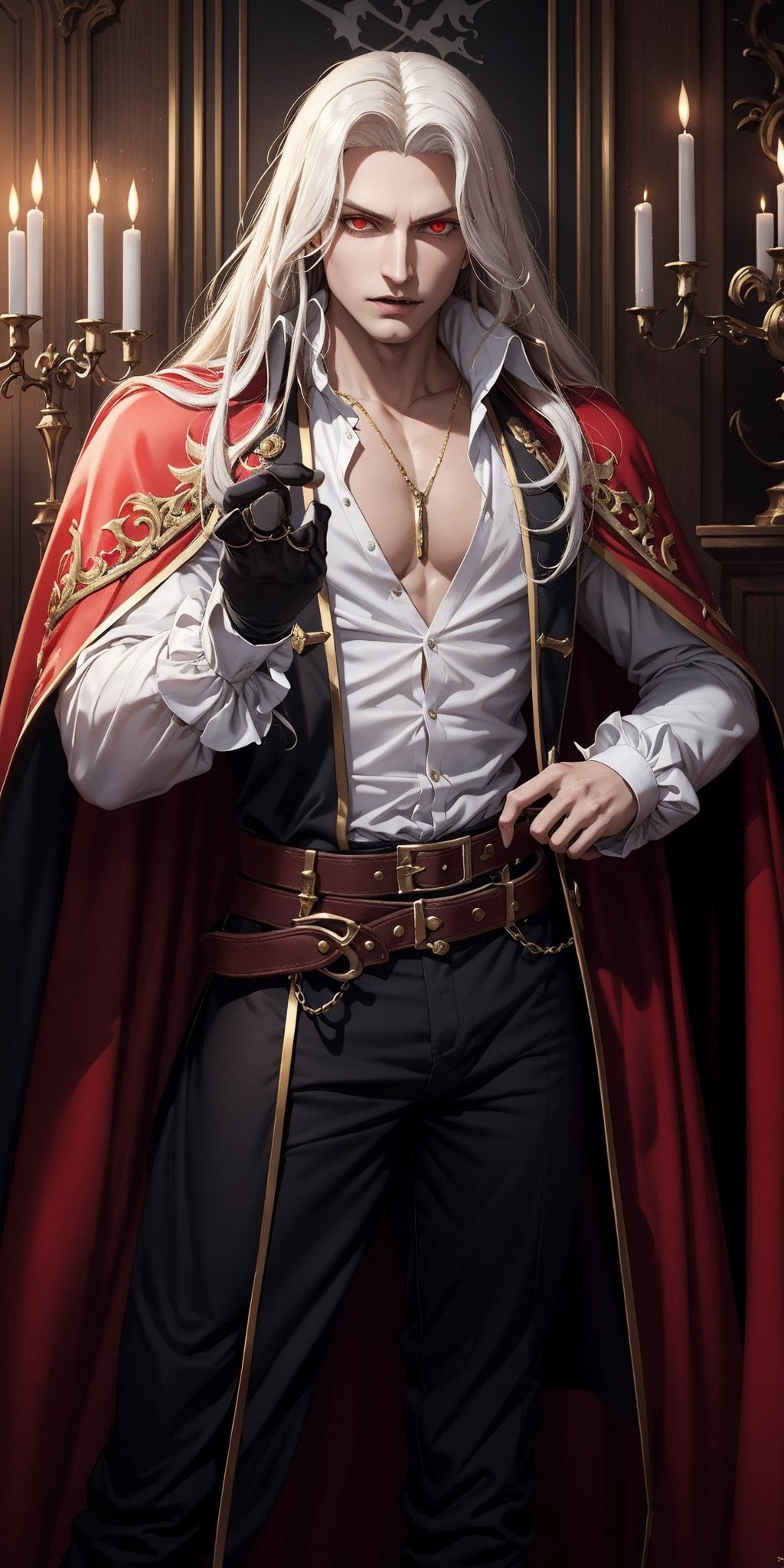 masterpiece,best quality,ultra-detailed,High detailed,picture-perfect face,man,no beard,white hair,confident,long hair,curly hair,red glowing eyes,fangs,alucardcastlevania,castlevania,konami,infront of gothic castle,red and black vamipere attire,cape,ornate and intricate,gold trim,belt,epic pose,fantasy,town,