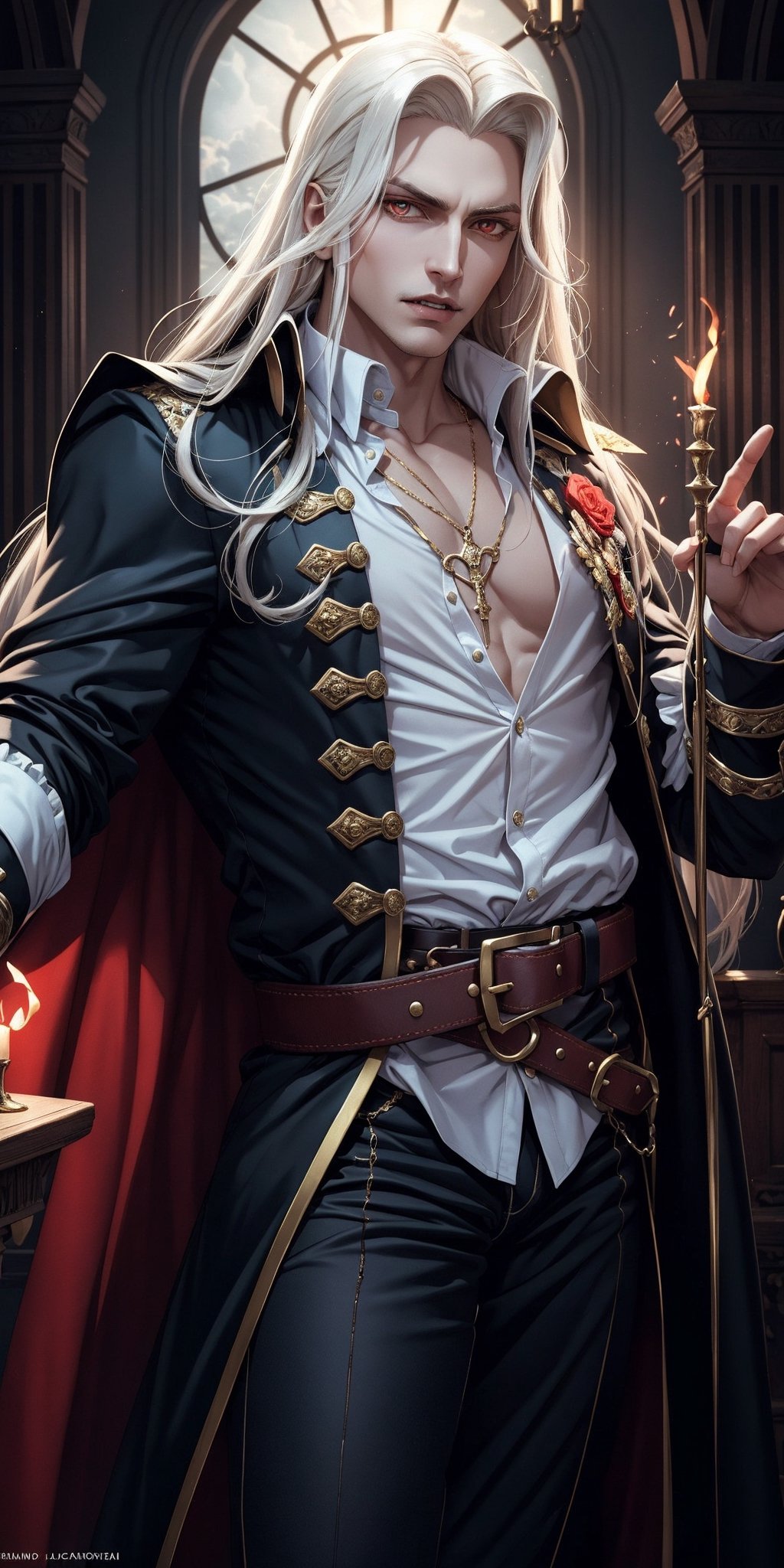 masterpiece,best quality,ultra-detailed,High detailed,picture-perfect face,man,no beard,white hair,confident,long hair,curly hair,red glowing eyes,fangs,alucardcastlevania,castlevania,konami,infront of gothic castle,red and black vamipere attire,cape,ornate and intricate,gold trim,belt,epic pose,fantasy,town,