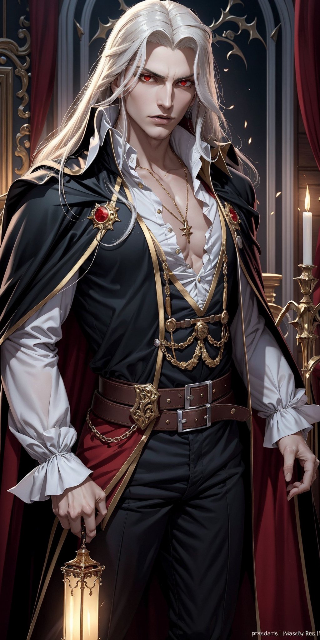 masterpiece,best quality,ultra-detailed,High detailed,picture-perfect face,man,no beard,white hair,confident,long hair,curly hair,red glowing eyes,fangs,alucardcastlevania,castlevania,konami,infront of gothic castle,red and black vamipere attire,cape,ornate and intricate,gold trim,belt,epic pose,fantasy,town,