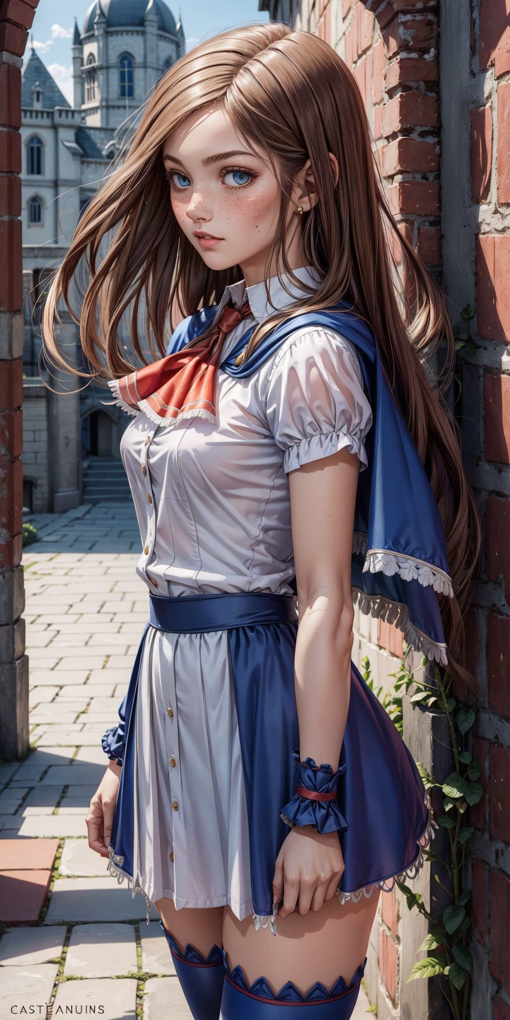 masterpiece, best quality, high detailed, picture perfect face,blush,freckles,charlotte aulin,perfect female body,slim,long hair,brown hair, ascot,capelet,skirt,blue thighhighs
fantasy,caslte,castlevania,