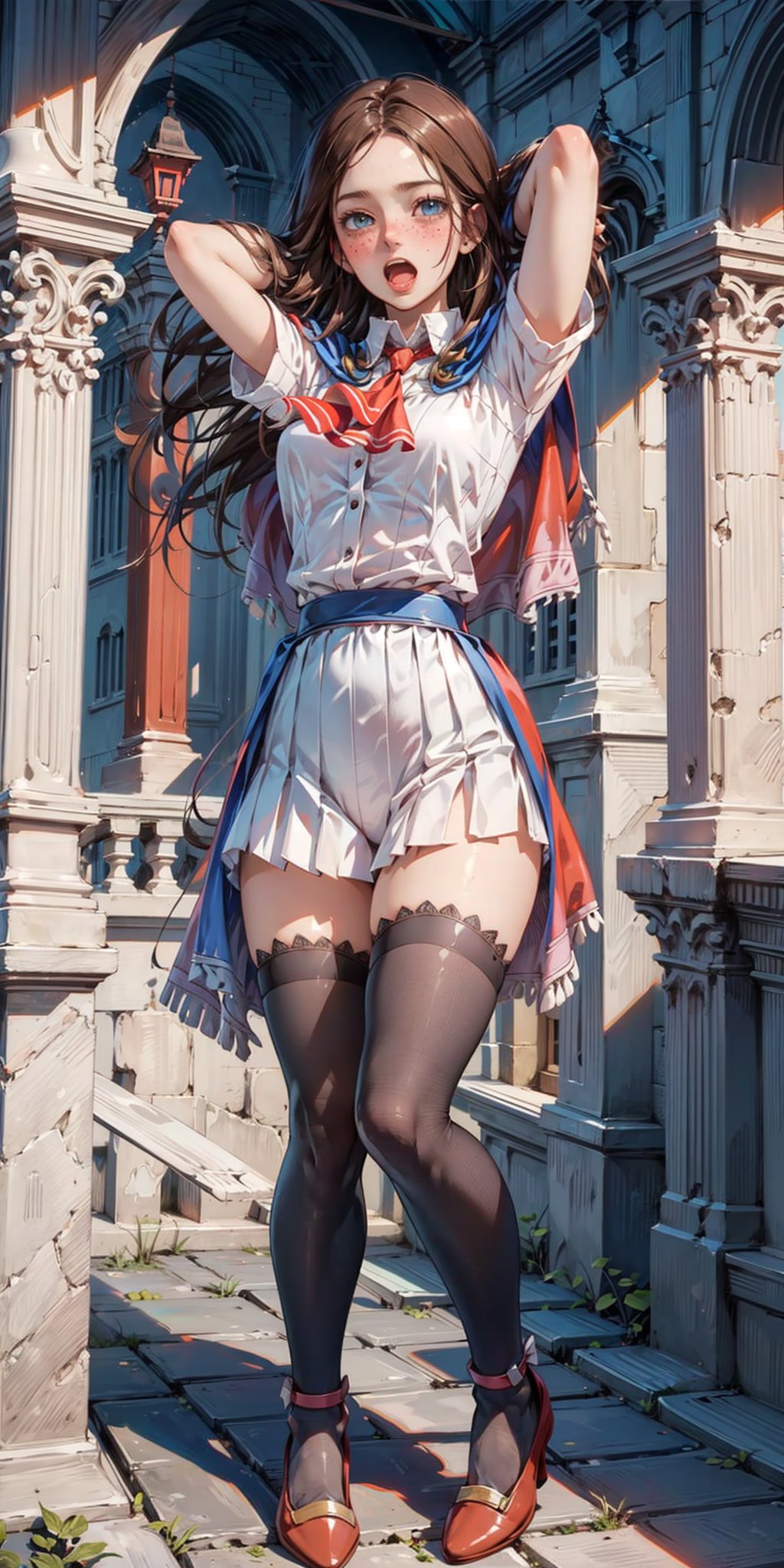 masterpiece, best quality, high detailed, picture perfect face,blush,freckles,charlotte aulin,perfect female body,slim,long hair,brown hair, ascot,capelet,skirt,blue thighhighs
fantasy,caslte,castlevania,open mouth,hands behind head,