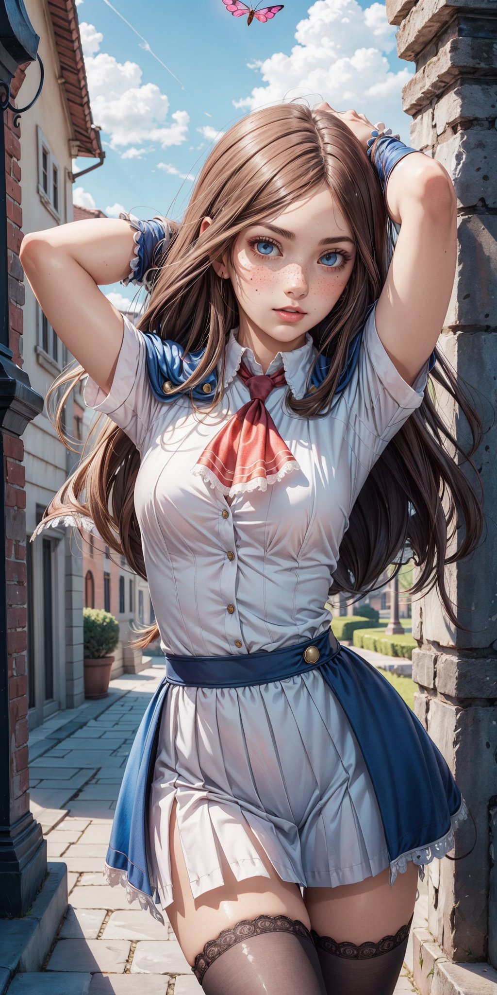 masterpiece, best quality, high detailed, picture perfect face,blush,freckles,charlotte aulin,perfect female body,slim,long hair,brown hair, ascot,capelet,skirt,blue thighhighs
fantasy,caslte,castlevania,open moth,hands behind head,