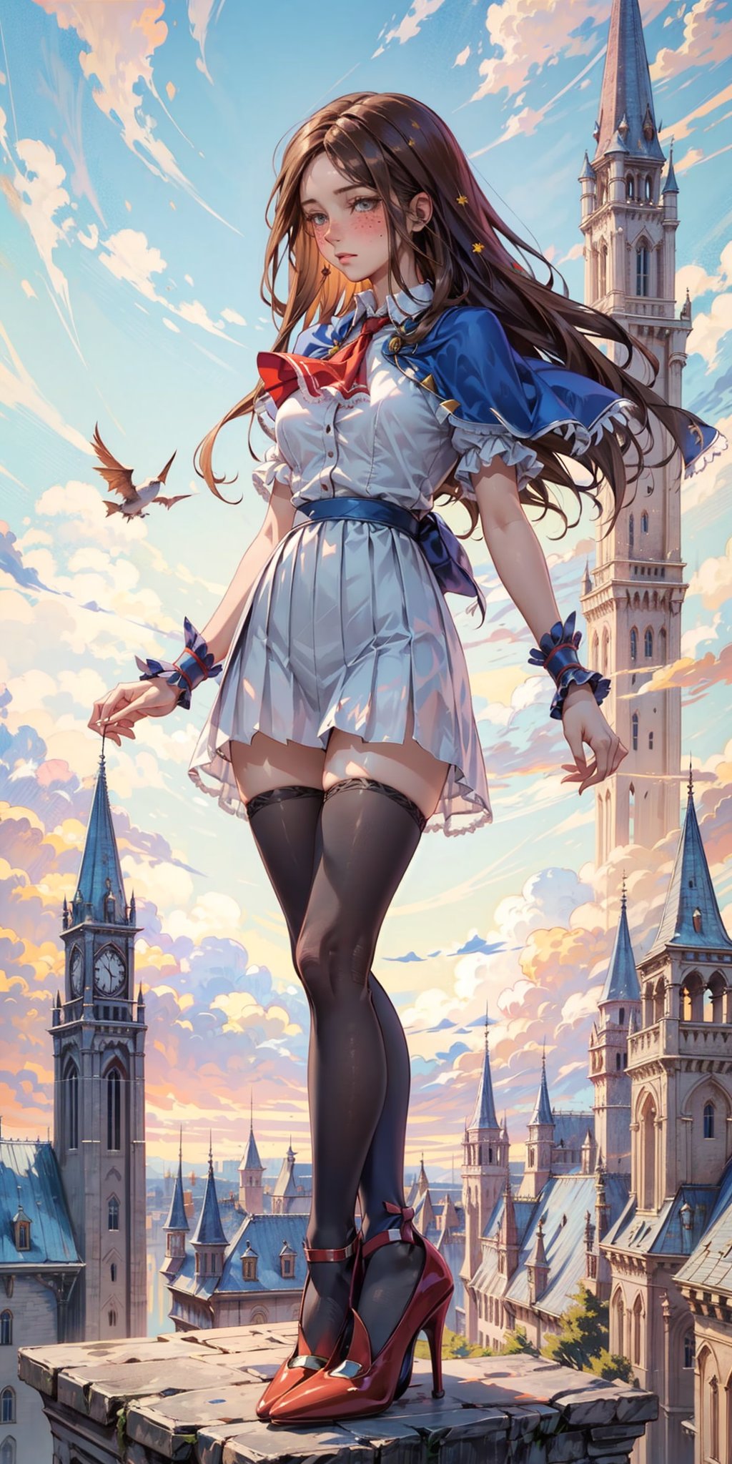 masterpiece, best quality, high detailed, picture perfect face,blush,freckles,charlotte aulin,perfect female body,tall,slim,long legs,heels,long hair,brown hair, ascot,capelet,skirt,blue thighhighs
fantasy,caslte,castlevania,