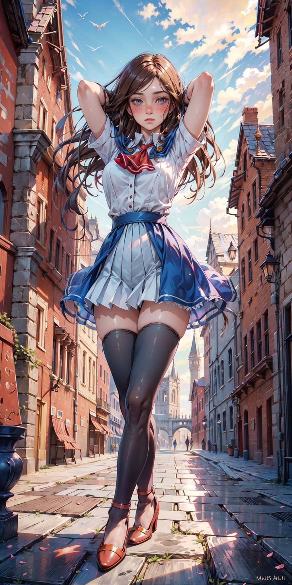 masterpiece, best quality, high detailed, picture perfect face,blush,freckles,charlotte aulin,perfect female body,slim,long hair,brown hair, ascot,capelet,skirt,blue thighhighs
fantasy,caslte,castlevania,open moth,hands behind head,