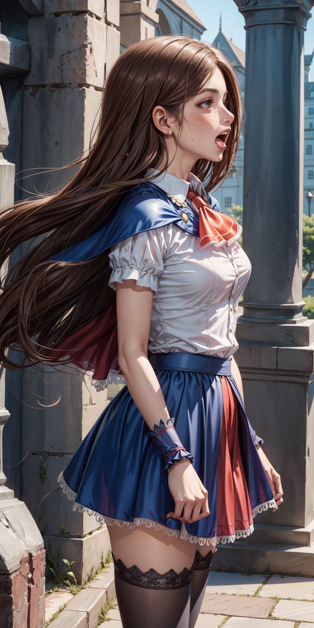 masterpiece, best quality, high detailed, picture perfect face,blush,freckles,charlotte aulin,perfect female body,slim,long hair,brown hair, ascot,capelet,skirt,blue thighhighs
fantasy,caslte,castlevania,sideview,open mouth,casting spell